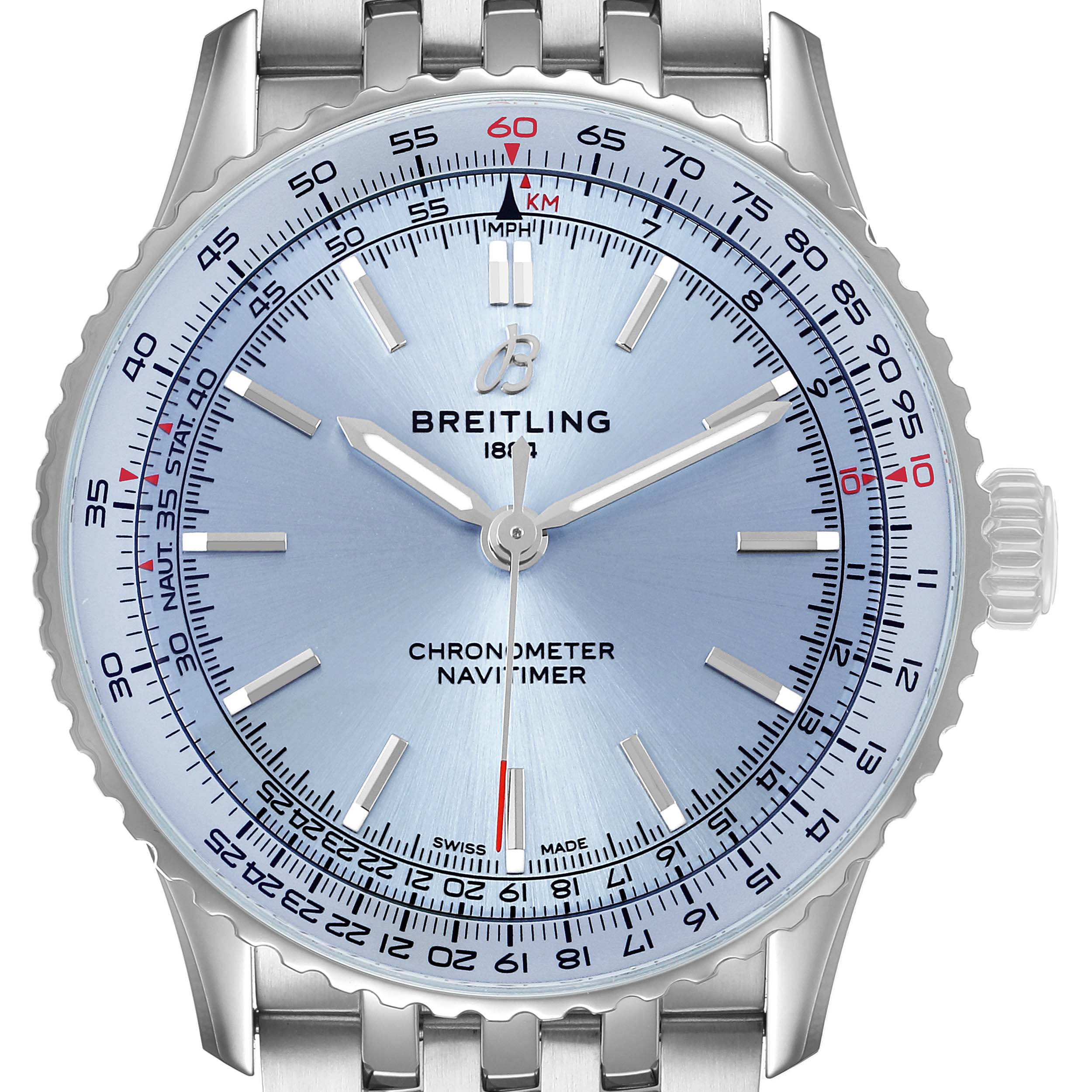 The Breitling Navitimer A17329 Men's Stainless Steel Blue Dial watch is shown from a front angle, displaying the dial, bezel, crown, and part of the bracelet.