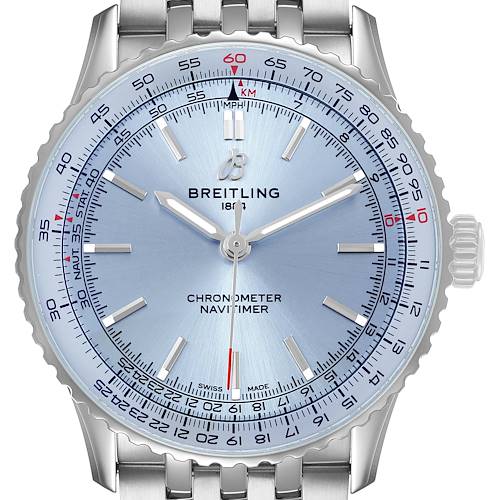 The Breitling Navitimer A17329 Men's Stainless Steel Blue Dial watch is shown from a front angle, displaying the dial, bezel, hands, and part of the bracelet.