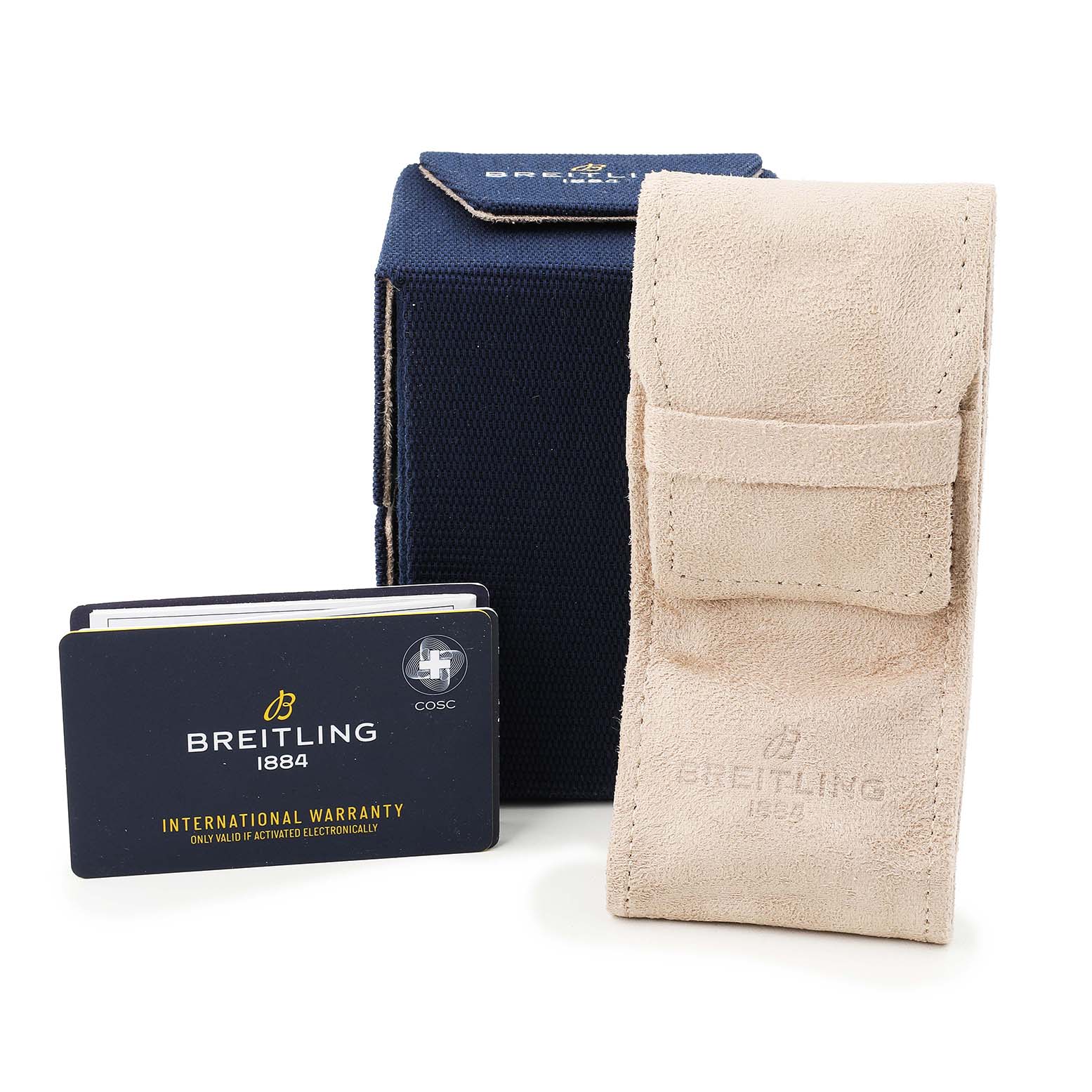 The image shows a Breitling Navitimer A17329 Men's Stainless Steel Blue Dial box, a tan pouch, and an international warranty card.