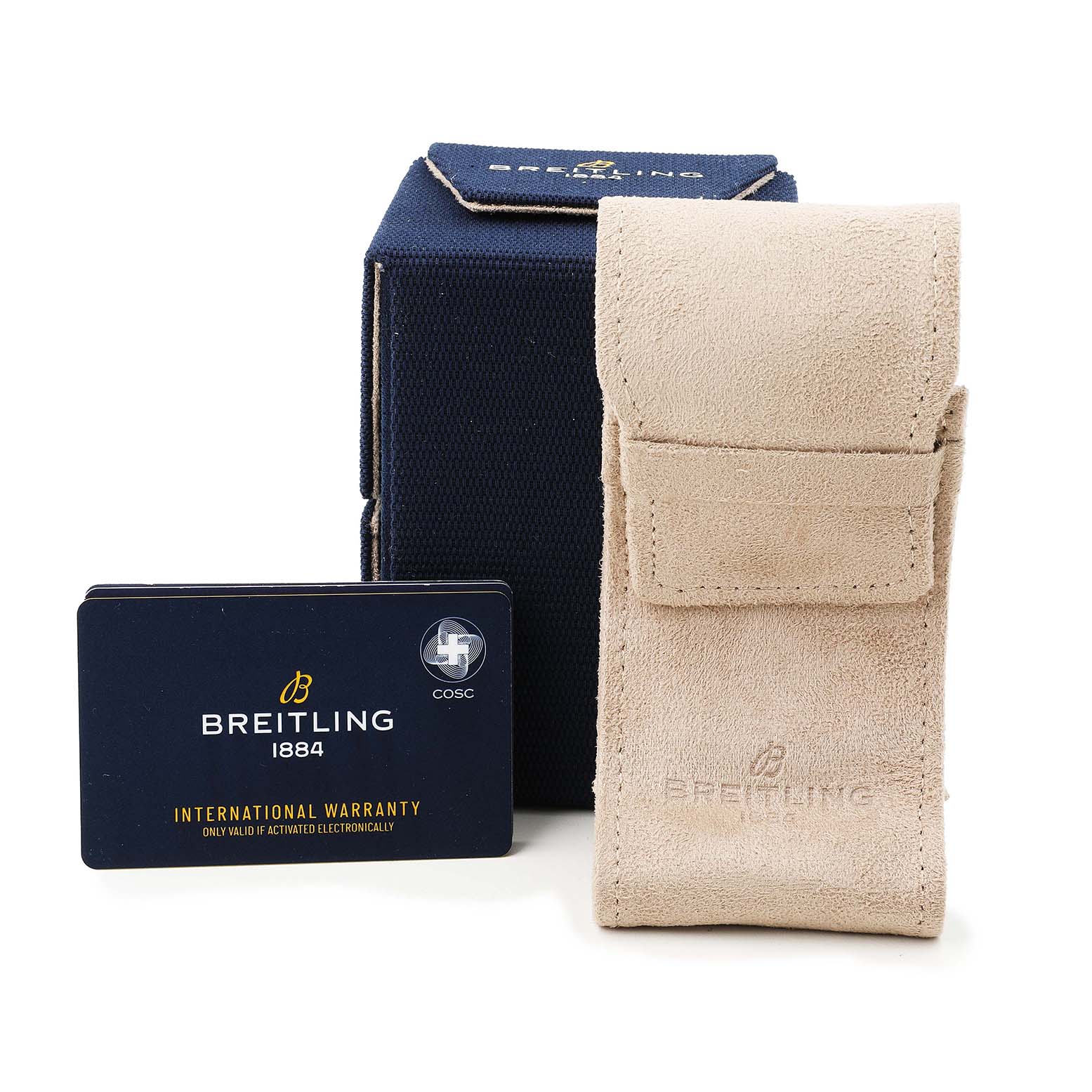 The image shows a Breitling Navitimer AB0139 Men's Stainless Steel Silver Dial watch box, warranty card, and a beige leather pouch, viewed from the front.