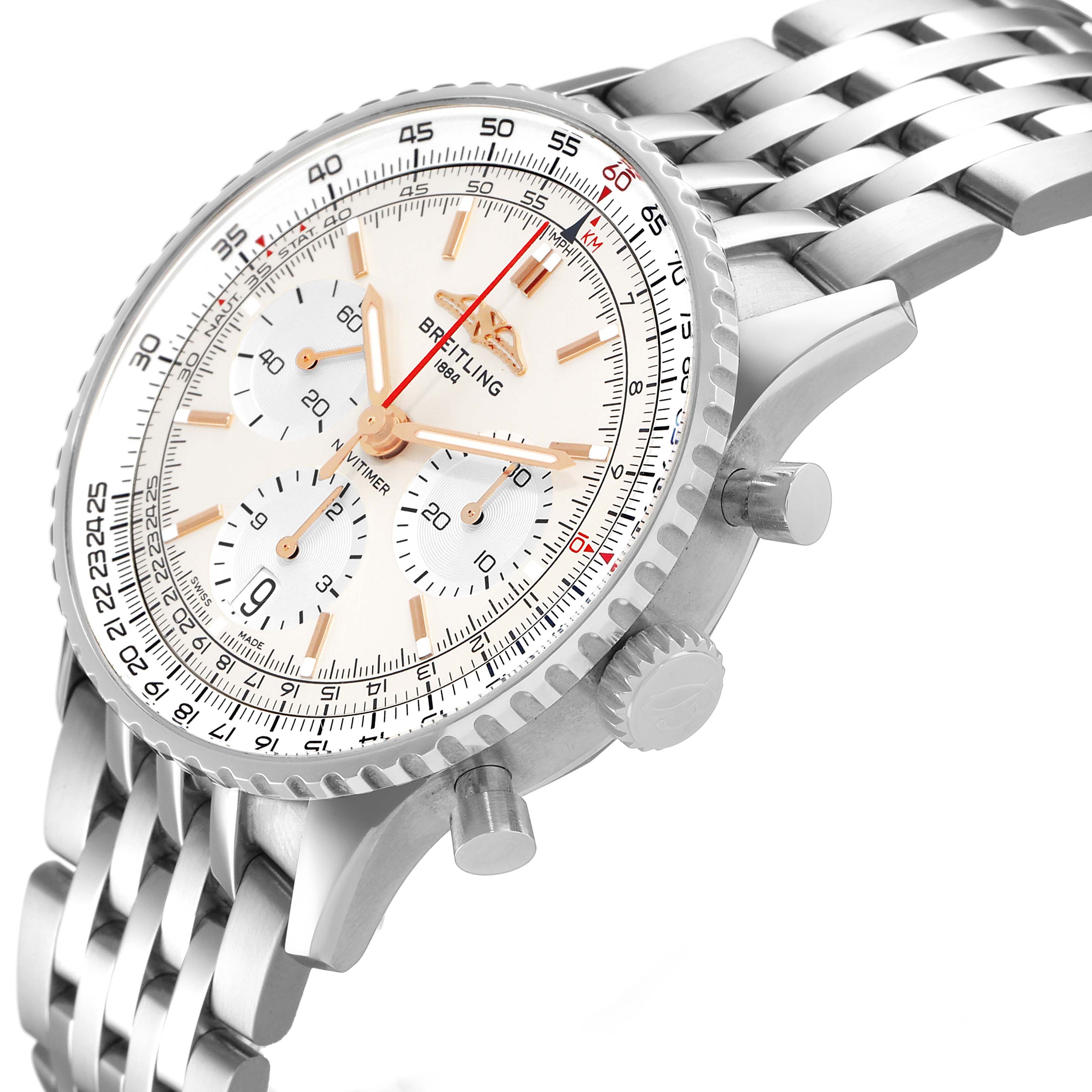 The Breitling Navitimer AB0139 Men's Stainless Steel Silver Dial watch is shown at an angle highlighting the dial, bezel, crown, pushers, and metal bracelet.