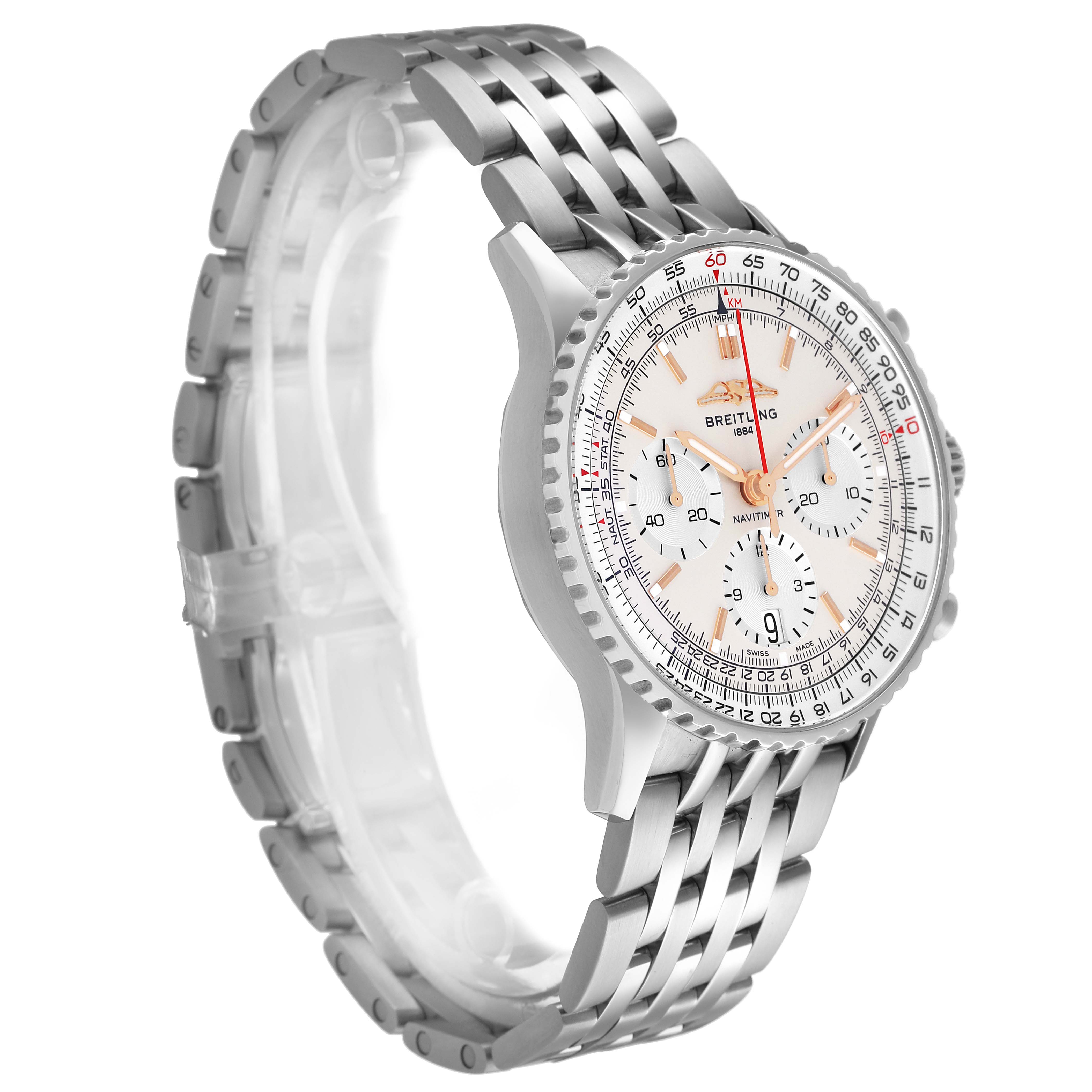 The Breitling Navitimer AB0139 Men's Stainless Steel Silver Dial watch is shown at a three-quarter angle, highlighting the face, bezel, and stainless steel bracelet.