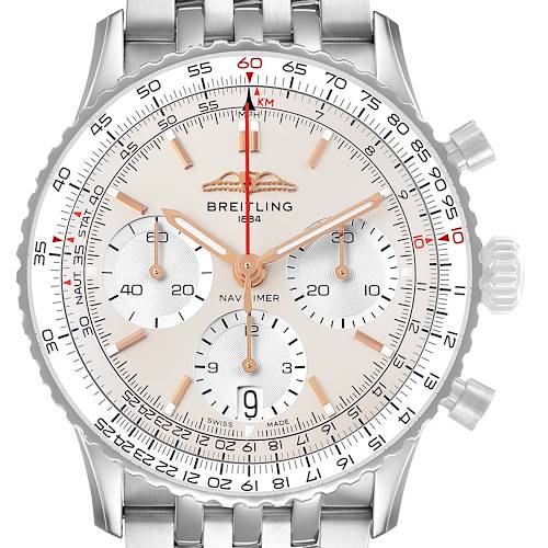 The image shows a frontal view of the Breitling Navitimer AB0139 Men's Stainless Steel Silver Dial watch, highlighting the dial, bezel, and chronograph subdials.