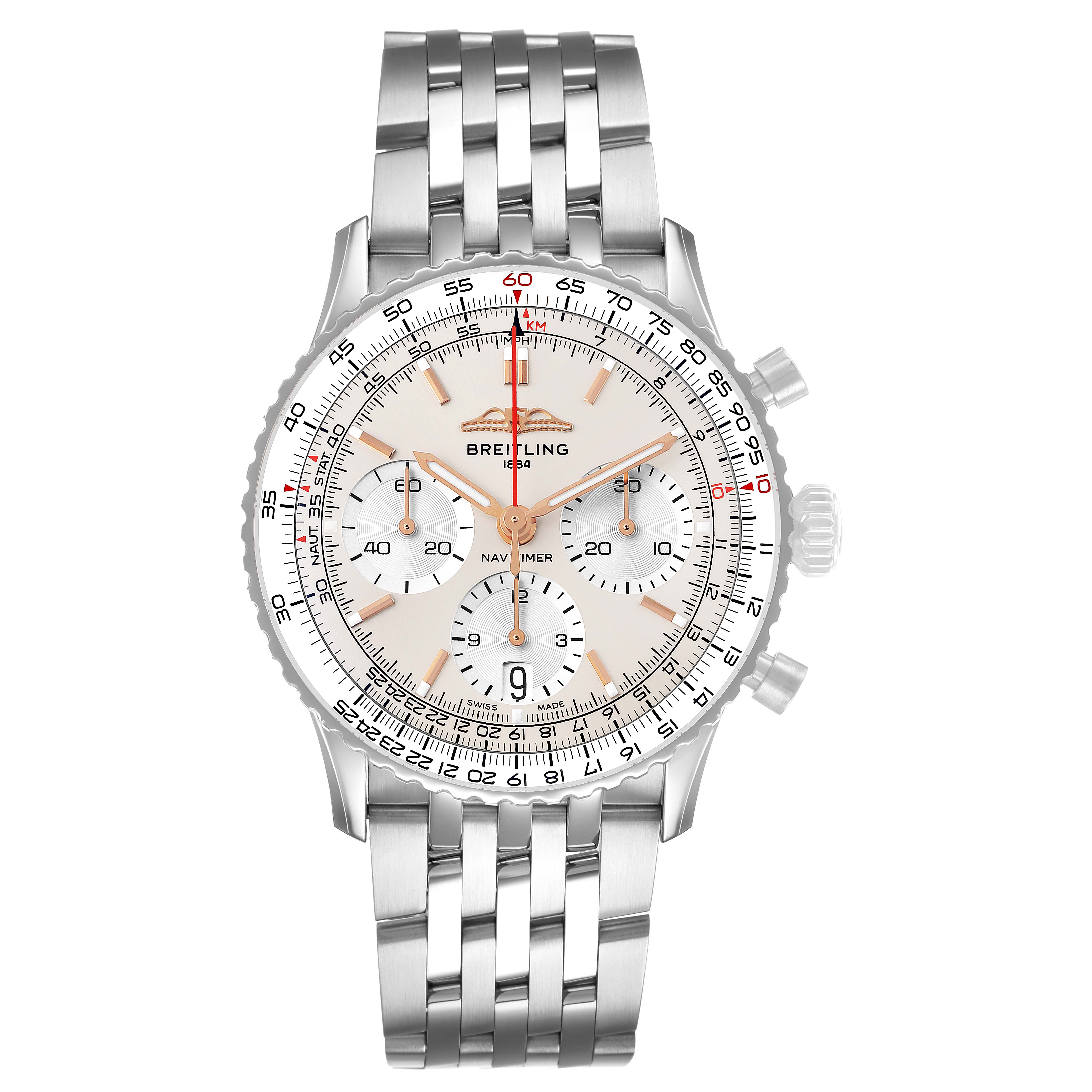 The Breitling Navitimer AB0139 Men's Stainless Steel Silver Dial watch is shown from a front angle, displaying its face, bezel, subdials, and bracelet.