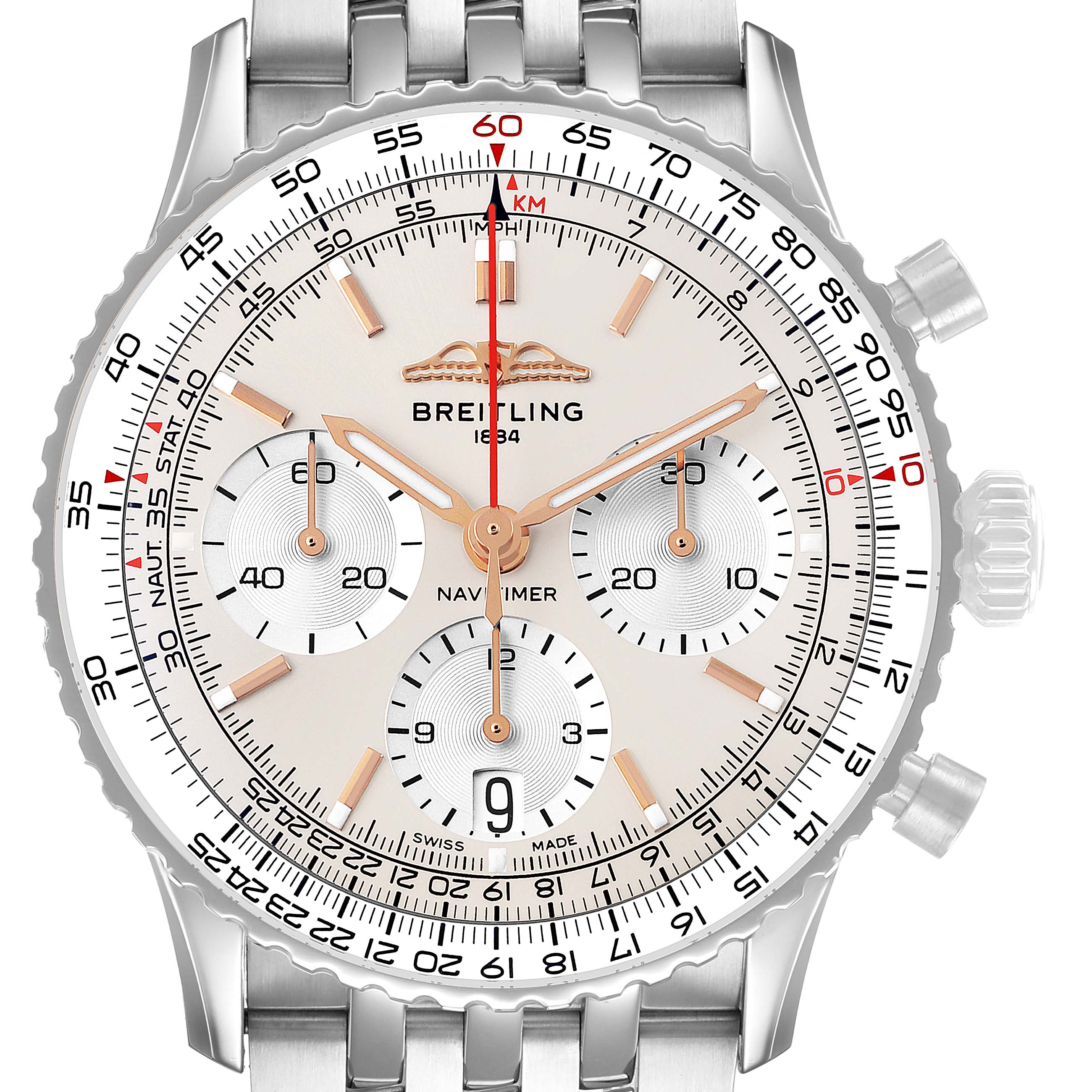 The Breitling Navitimer AB0139 Men's Stainless Steel Silver Dial watch is shown from the front, displaying its dial, bezel, subdials, and bracelet.