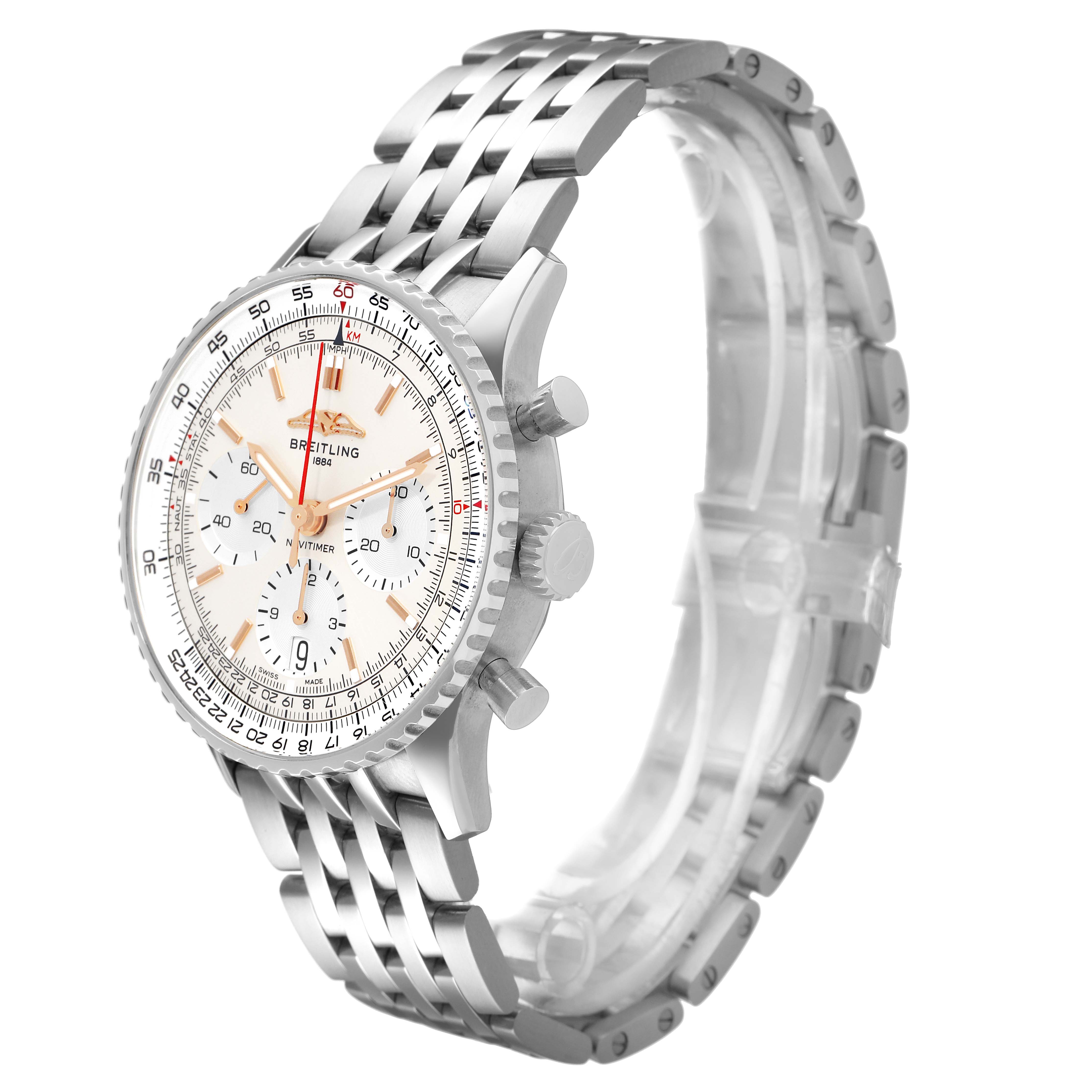 The Breitling Navitimer AB0139 Men's Stainless Steel Silver Dial watch is shown at a three-quarter angle, displaying the dial, bezel, case, and metal bracelet.