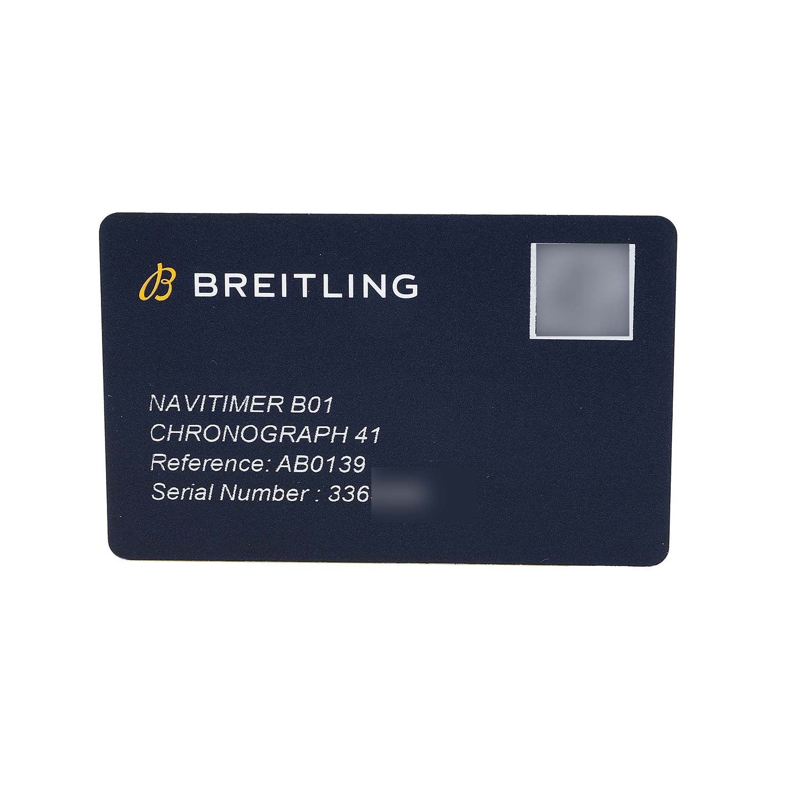 The image shows a Breitling Navitimer AB0139 Men's Stainless Steel Silver Dial B01 Chronograph 41 warranty card with reference and serial numbers.