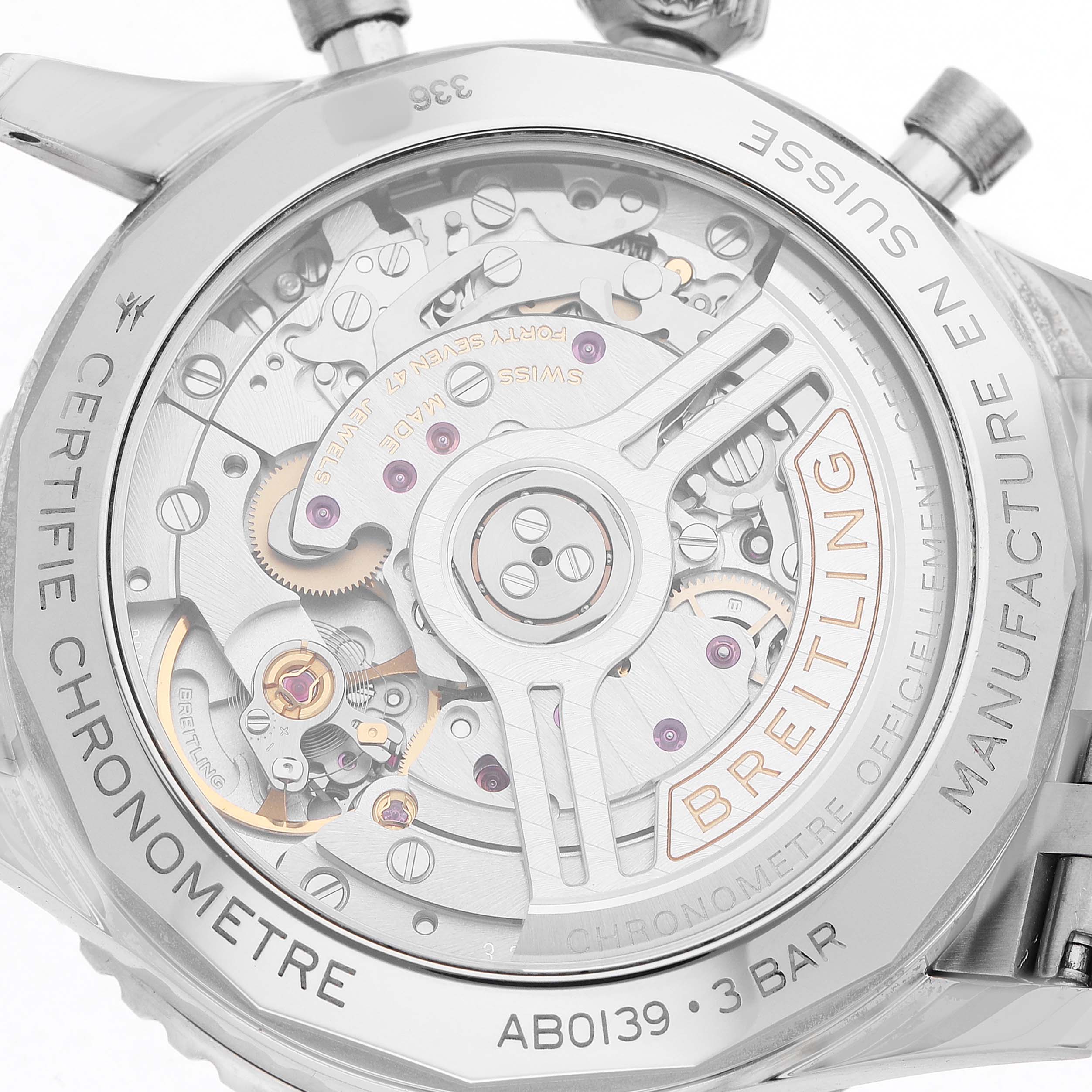 The image shows the back view of a Breitling Navitimer AB0139 Men's Stainless Steel Silver Dial watch, revealing its intricate automatic movement and rotor details.