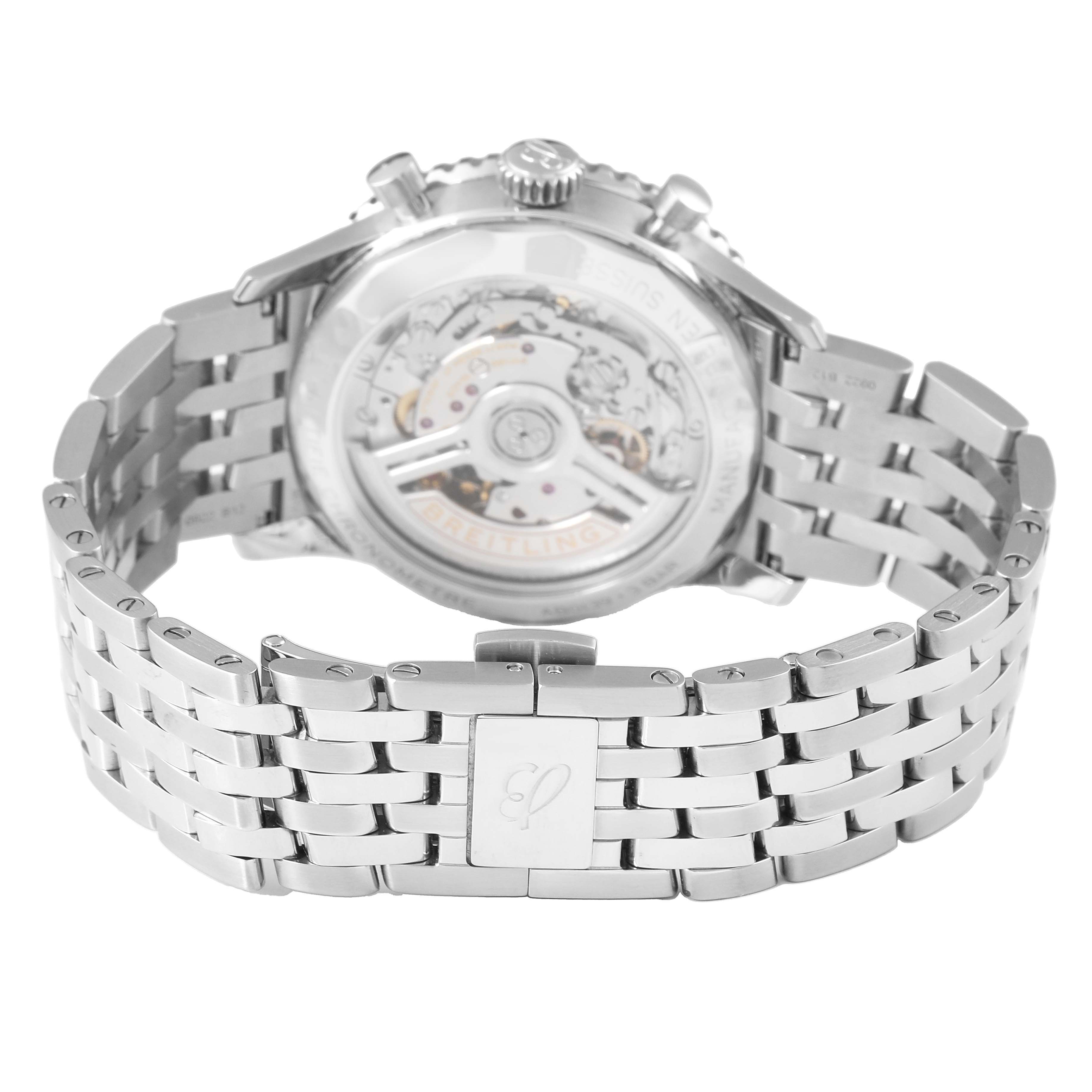 The Breitling Navitimer AB0139 Men's Stainless Steel Silver Dial is shown from the back, highlighting its movement and stainless steel bracelet.
