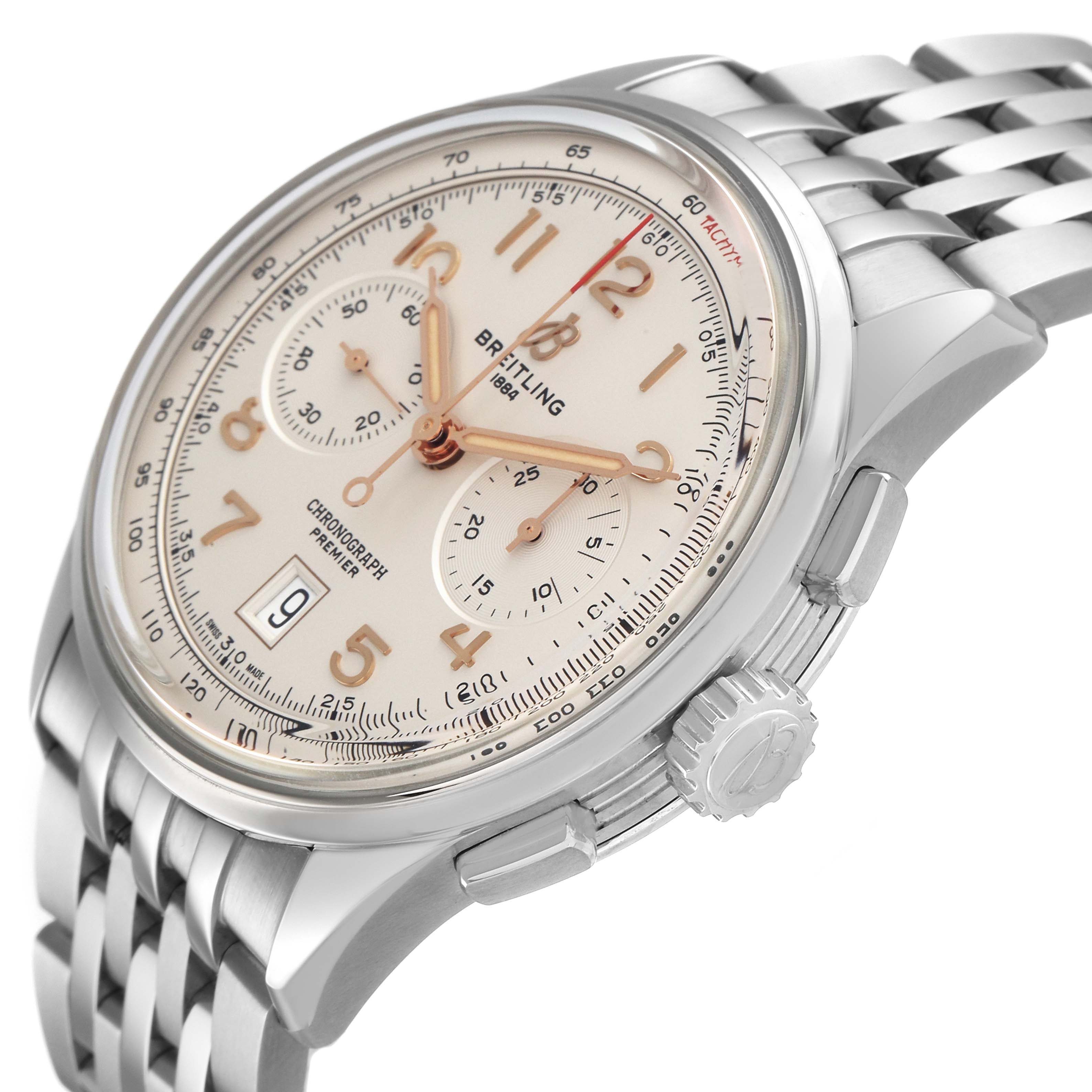 The Breitling Premier AB0145 Men's Stainless Steel Silver Dial watch is shown at an angled side view, highlighting the face, crown, and bracelet.