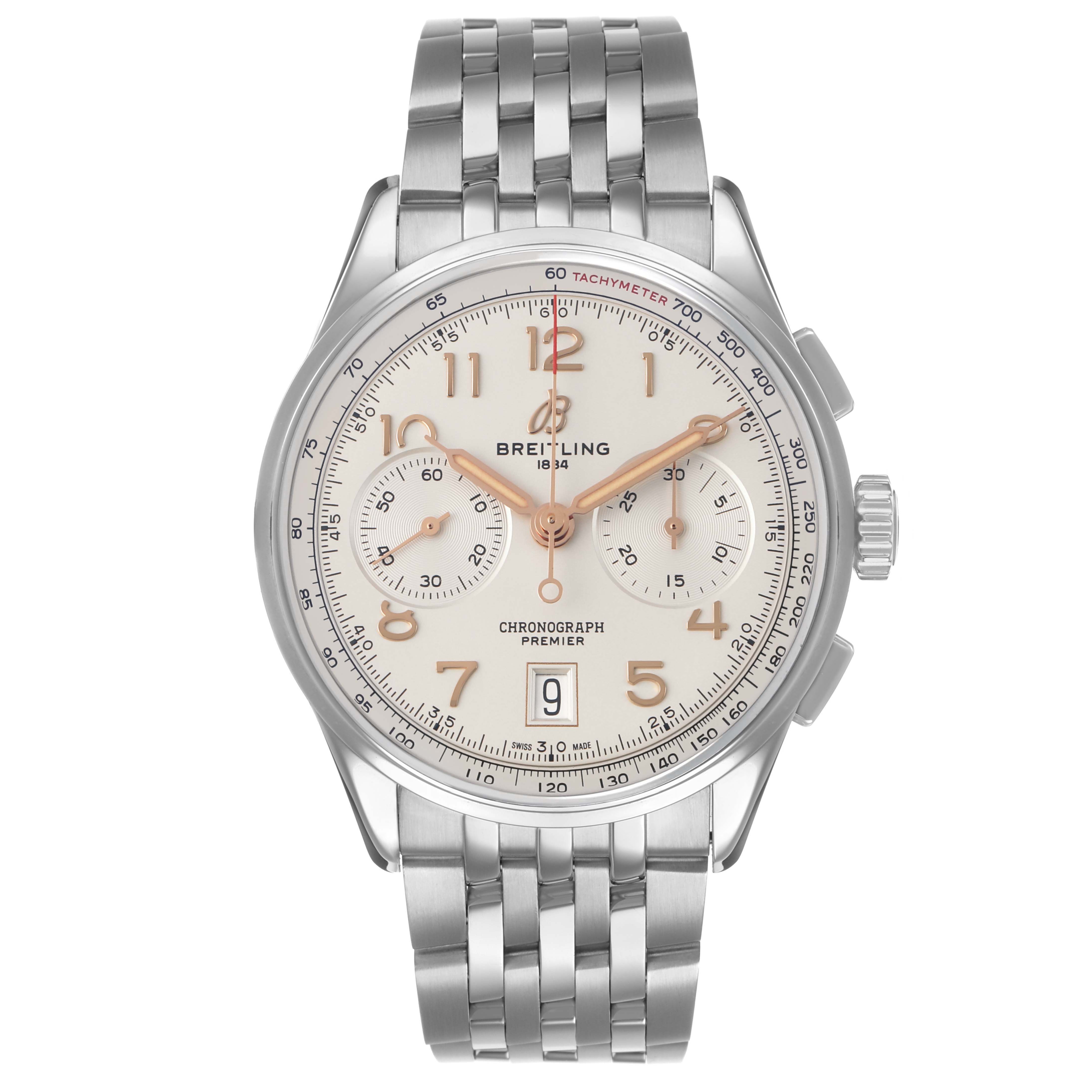 The Breitling Premier AB0145 Men's Stainless Steel Silver Dial watch is shown from the front, displaying the dial, bracelet, and side pushers.