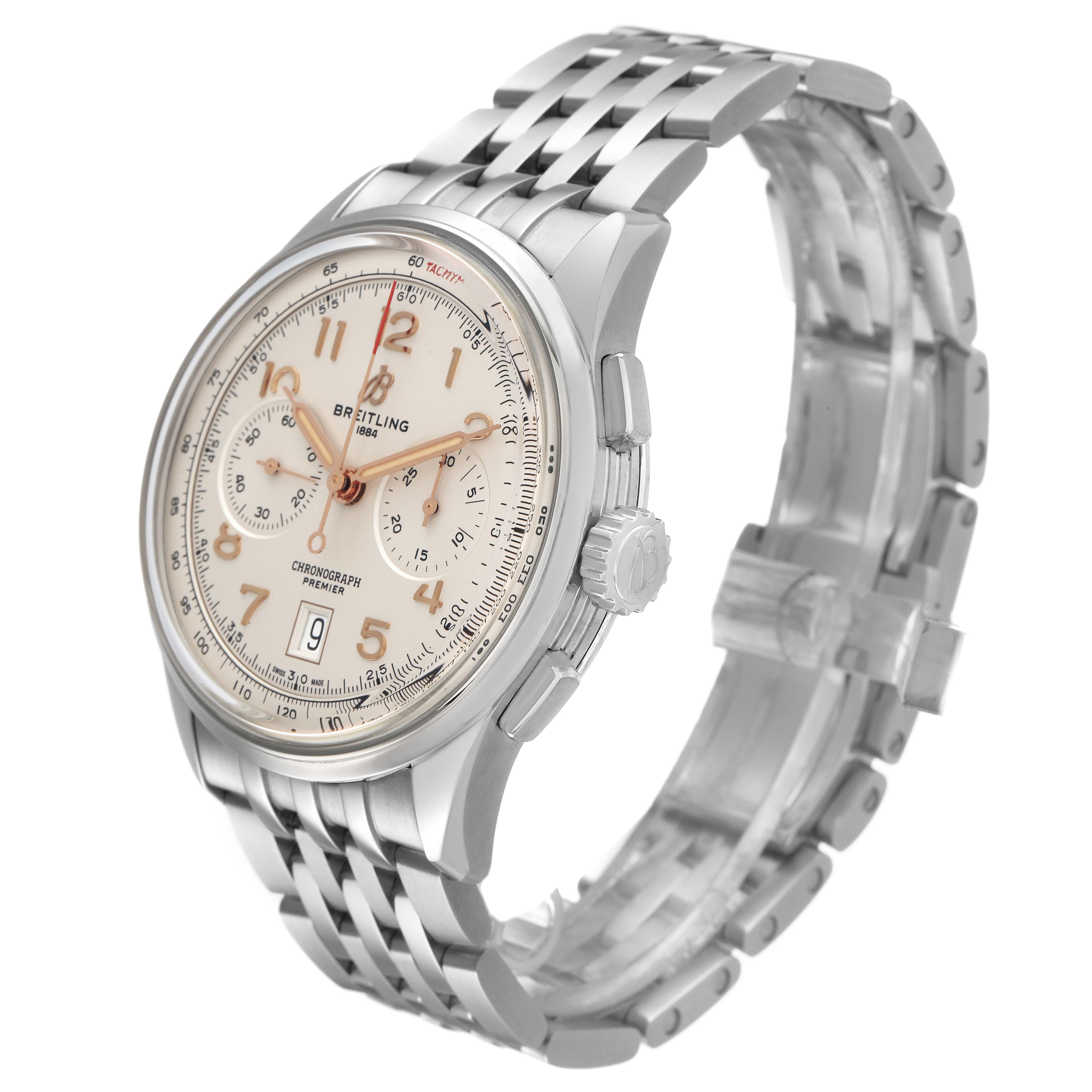 The Breitling Premier AB0145 Men's Stainless Steel Silver Dial watch is shown at a three-quarter angle, highlighting the dial, case, crown, and metal bracelet.