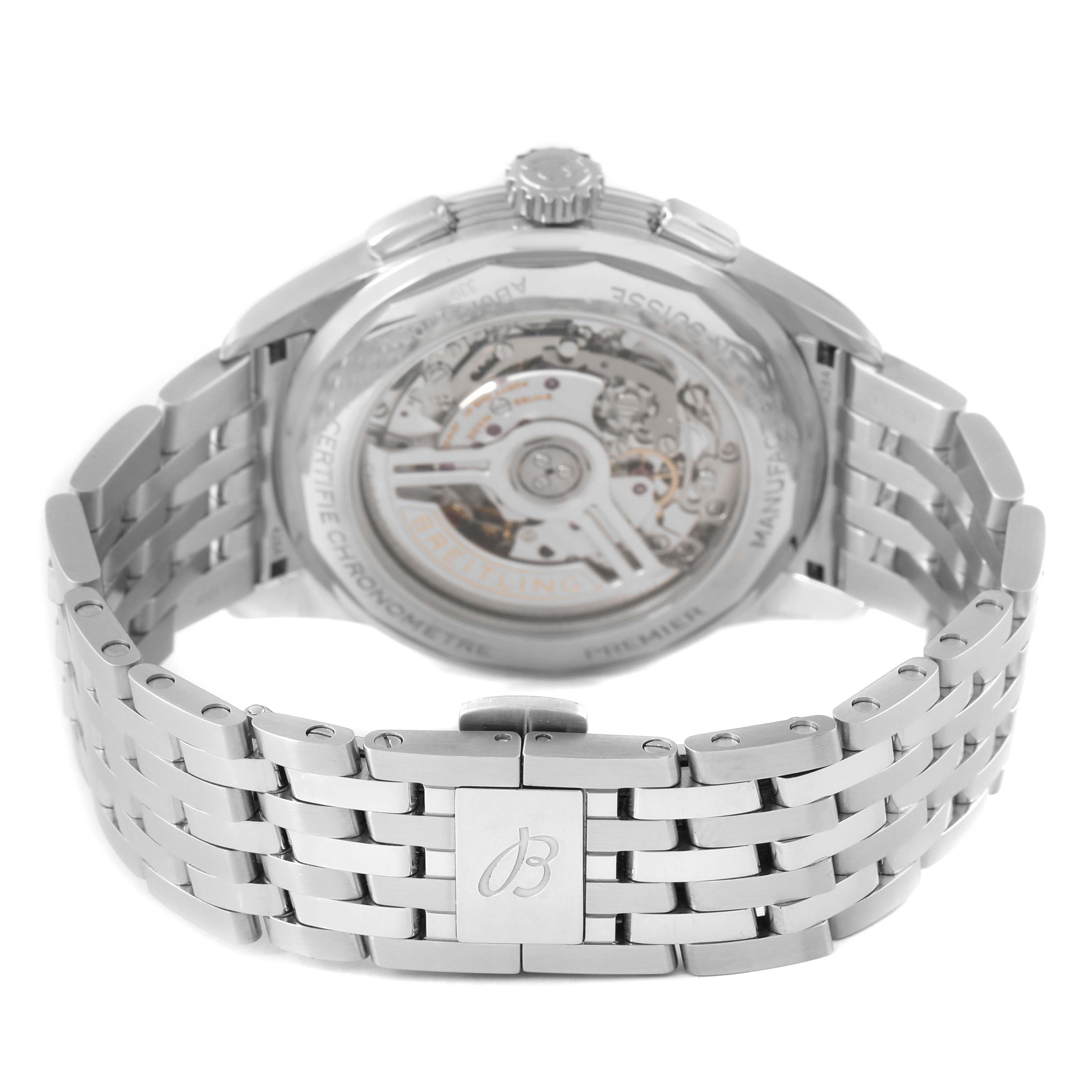 The Breitling Premier AB0145 Men's Stainless Steel Silver Dial watch is shown from the back, highlighting its stainless steel bracelet and transparent case back.