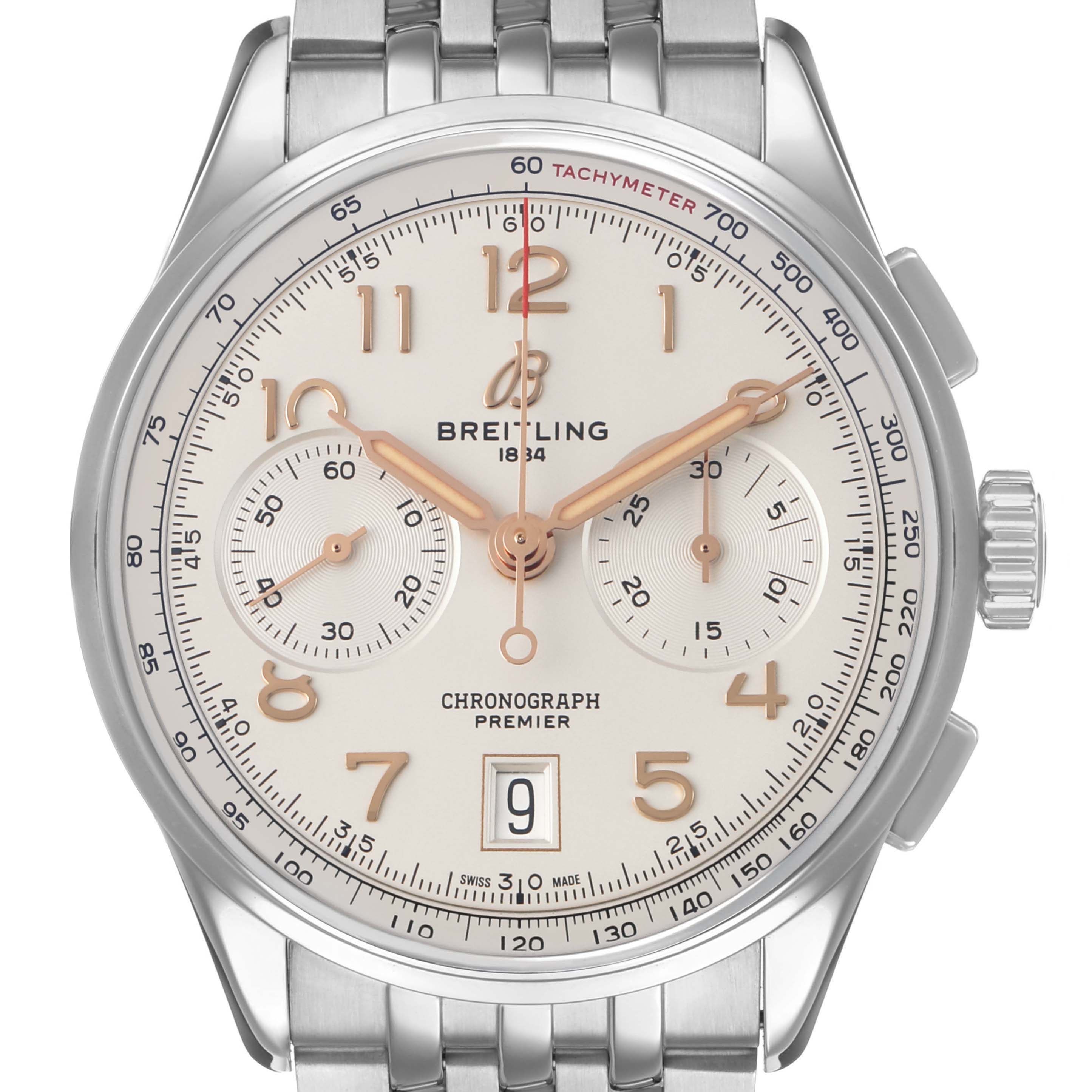 The Breitling Premier AB0145 Men's Stainless Steel Silver Dial watch is shown from a frontal angle, highlighting its dial, chronograph subdials, and bracelet.