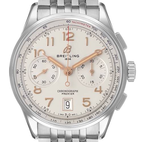 The Breitling Premier AB0145 Men's Stainless Steel Silver Dial watch is shown from the front, displaying the face, subdials, bezel, and part of the bracelet.
