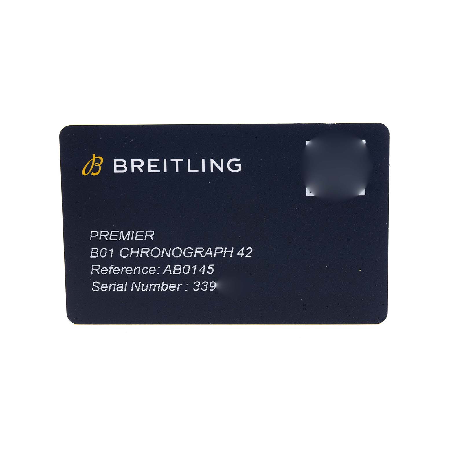 The image shows a card for the Breitling Premier AB0145 Men's Stainless Steel Silver Dial B01 Chronograph 42, detailing the model, reference, and serial number.