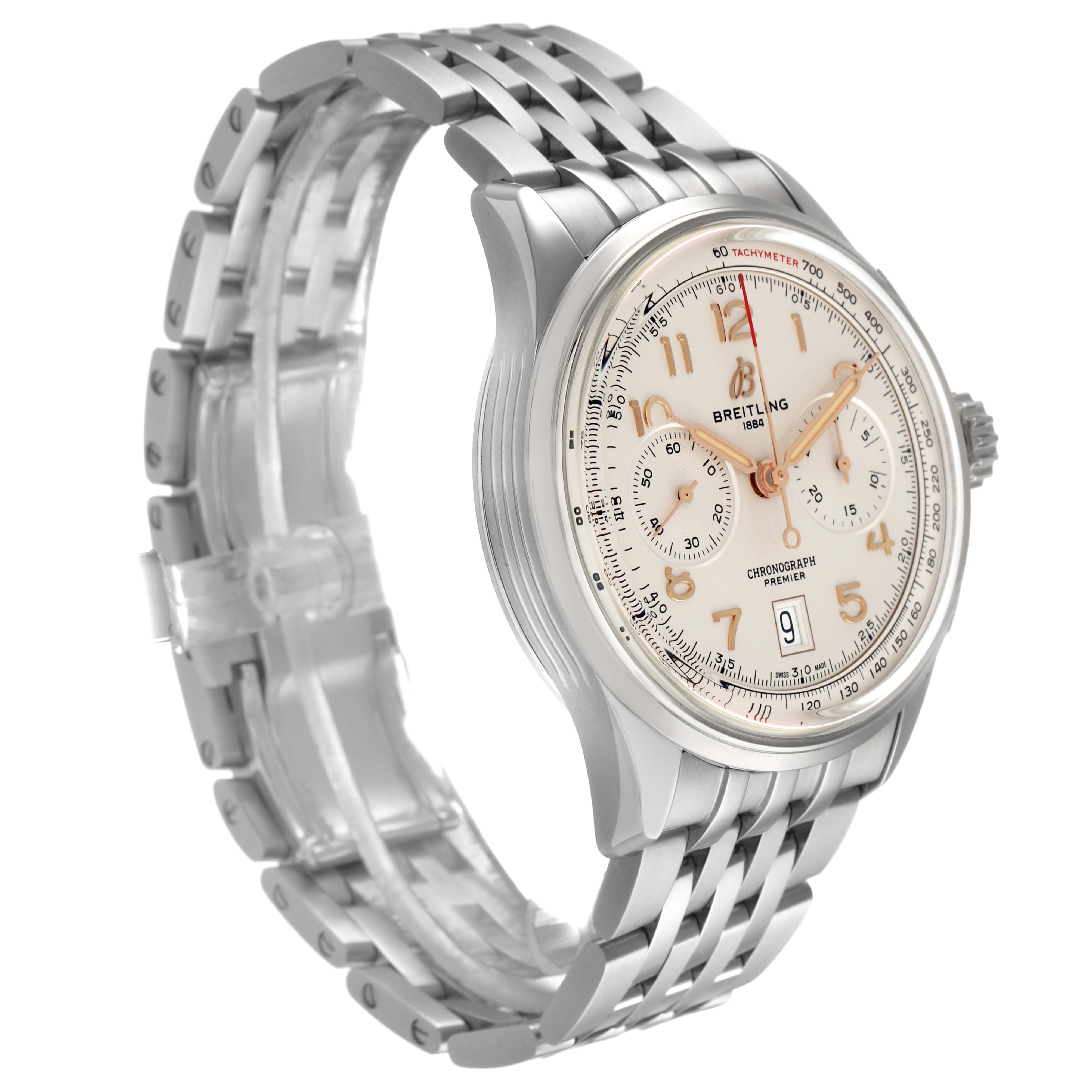 The Breitling Premier AB0145 Men's Stainless Steel Silver Dial watch is shown at a side angle, highlighting the face, chronograph dials, and metal bracelet.