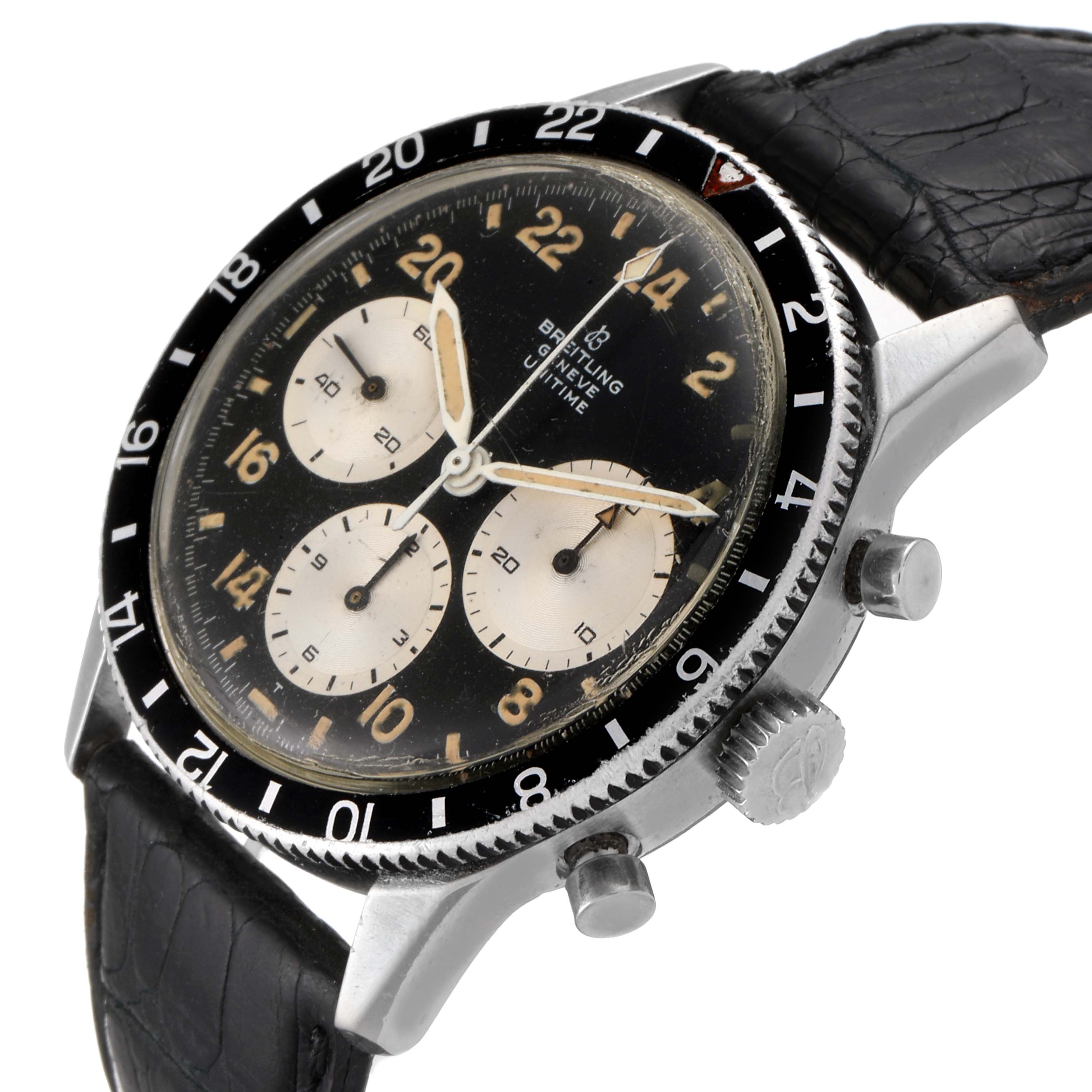 This Breitling Professional Series 1765 Men's Stainless Steel Black Dial 1765 Men's Stainless Steel Black Dial watch is viewed at an angle showing the face, bezel, crown, pushers, and black leather strap.