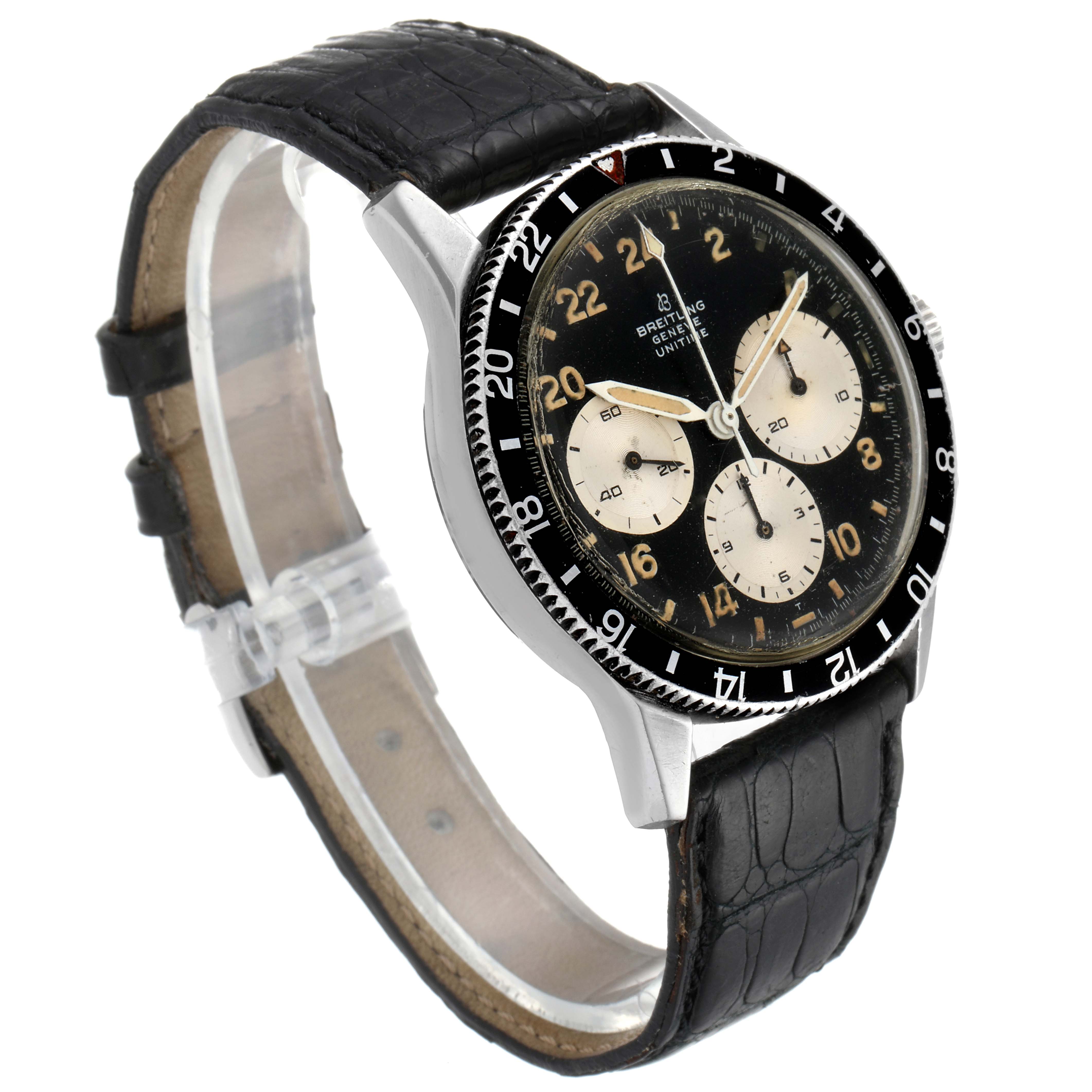 The image shows a Breitling Professional Series 1765 Men's Stainless Steel Black Dial 1765 Men's Stainless Steel Black Dial watch at an angled side view, highlighting the dial, bezel, and strap.