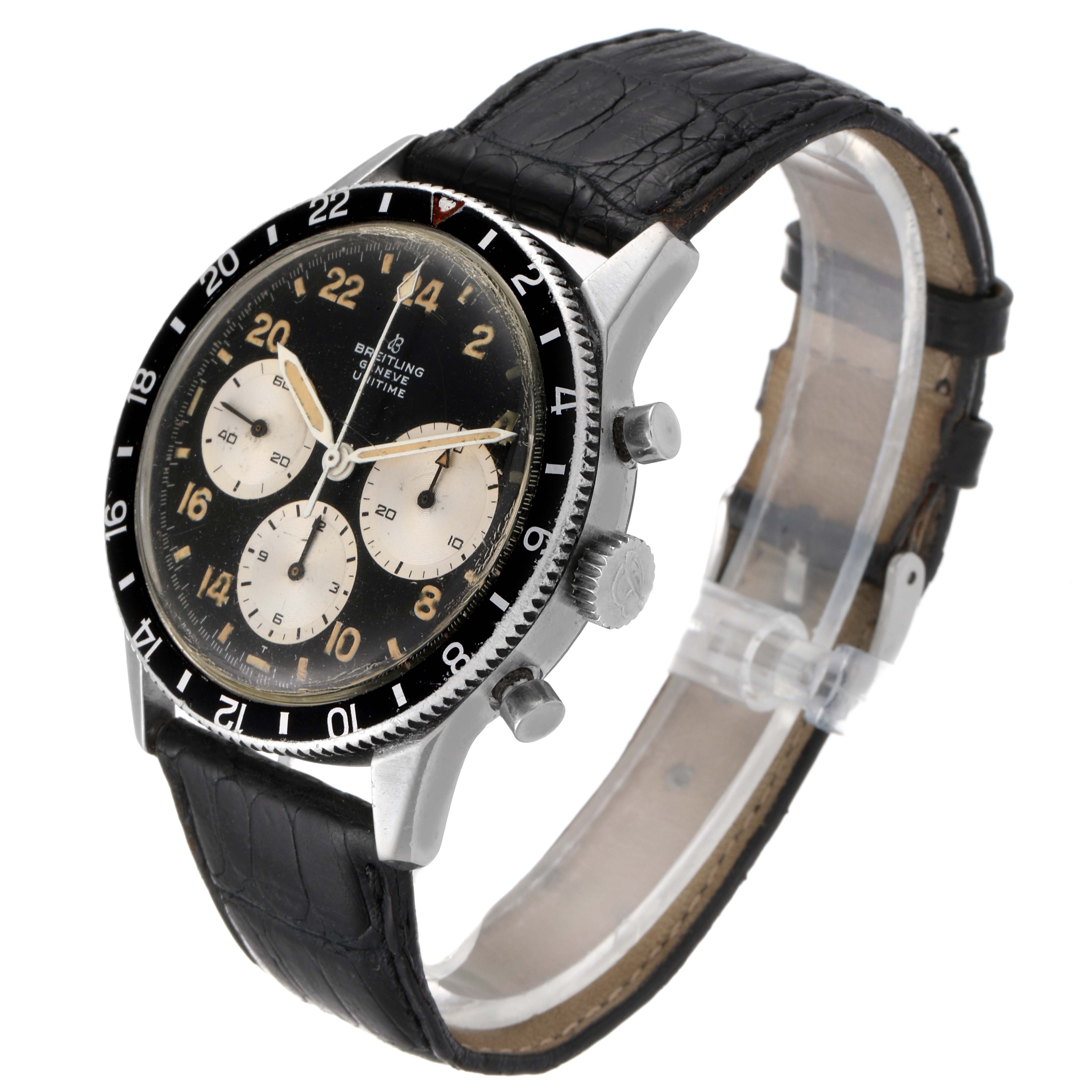 The Breitling Professional Series 1765 Men's Stainless Steel Black Dial 1765 Men's Stainless Steel Black Dial watch is shown at a three-quarter angle highlighting its black dial, bezel, and leather strap.