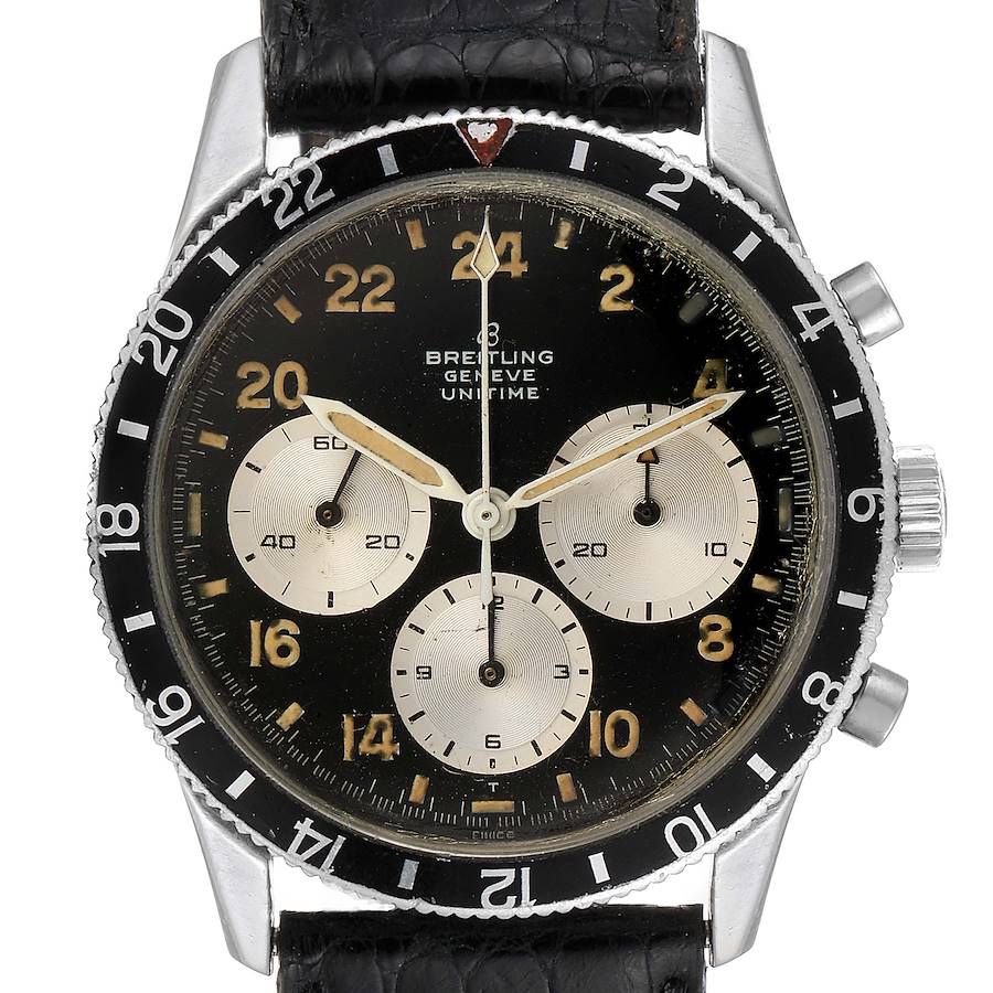 Breitling Unitime Steel Black Dial Chronograph Vintage Mens Watch 1765 SwissWatchExpo