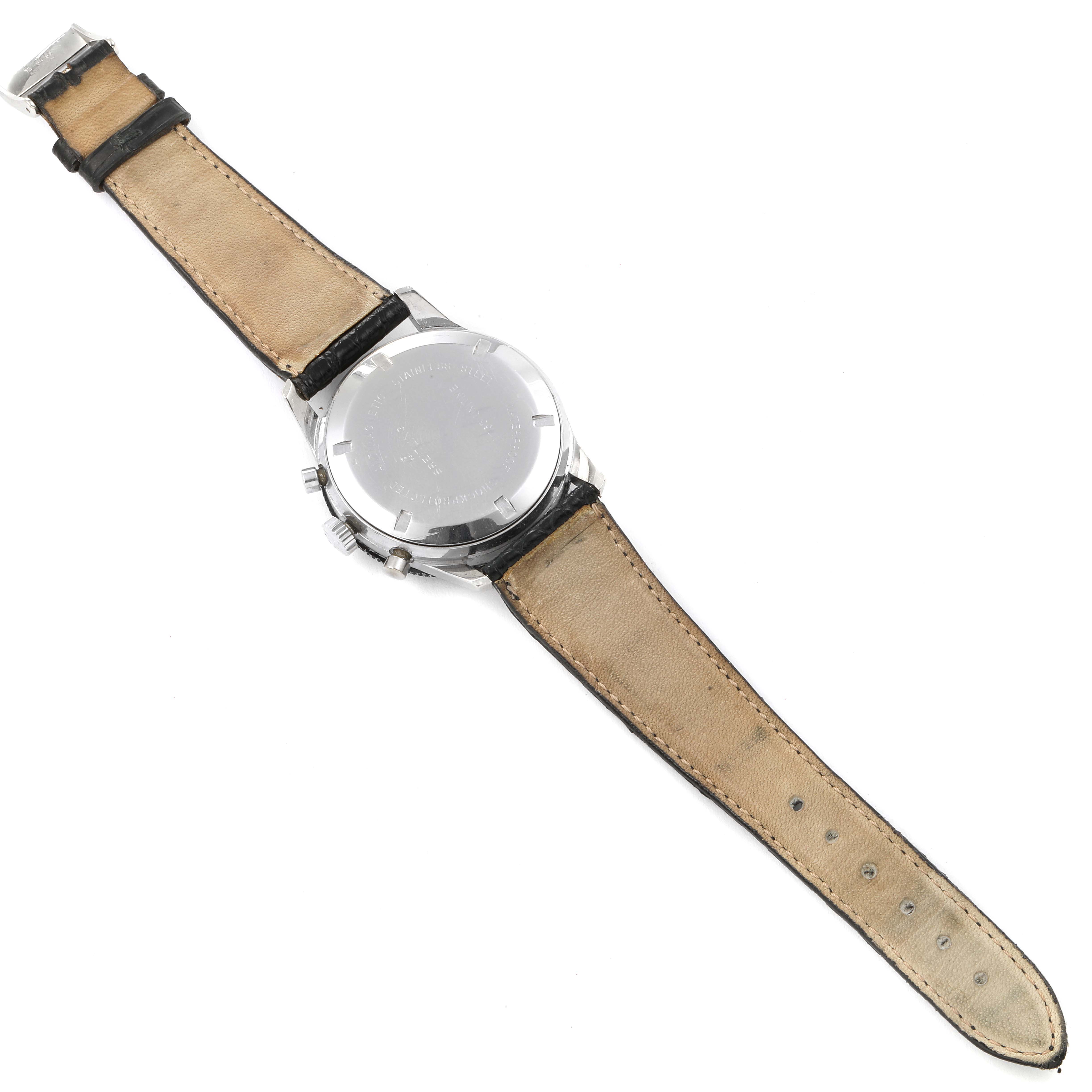 The image shows the back view of the Breitling Professional Series 1765 Men's Stainless Steel Black Dial 1765 Men's Stainless Steel Black Dial watch, highlighting the back cover and leather strap.