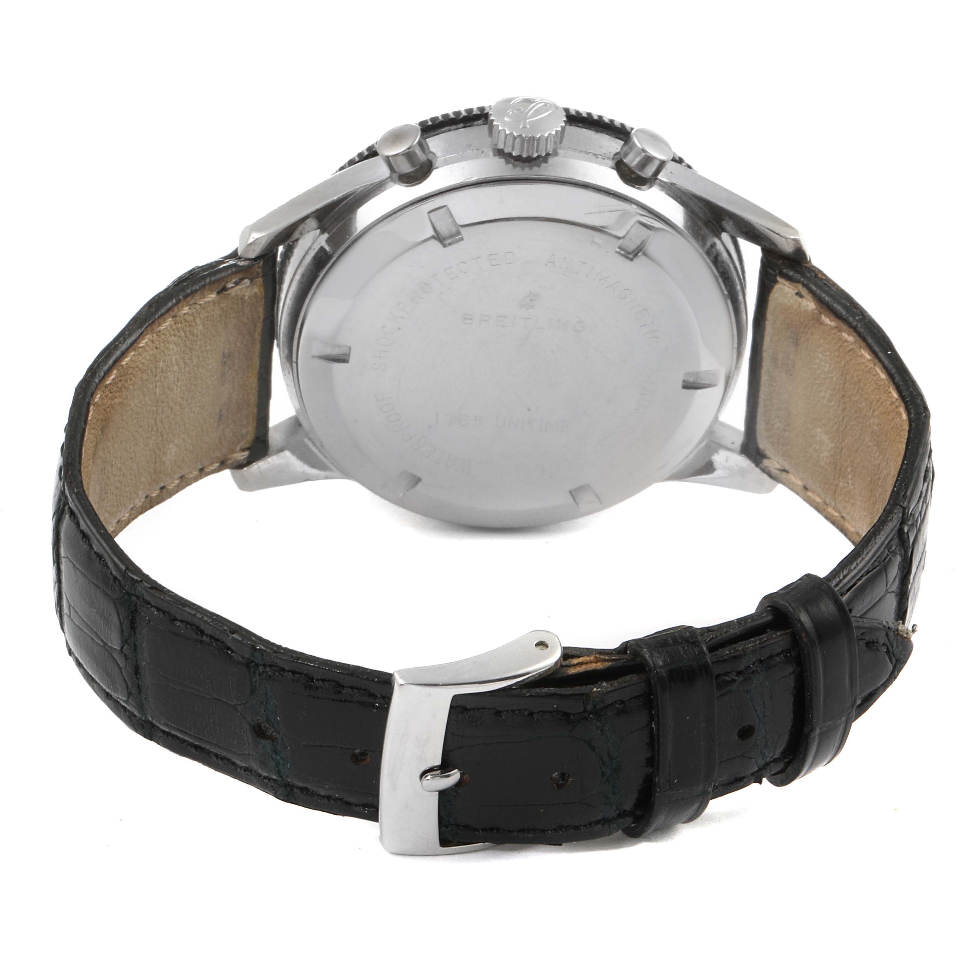 The image shows the back angle of a Breitling Professional Series 1765 Men's Stainless Steel Black Dial 1765 Men's Stainless Steel Black Dial watch, highlighting its case back, crown, pushers, and leather strap.