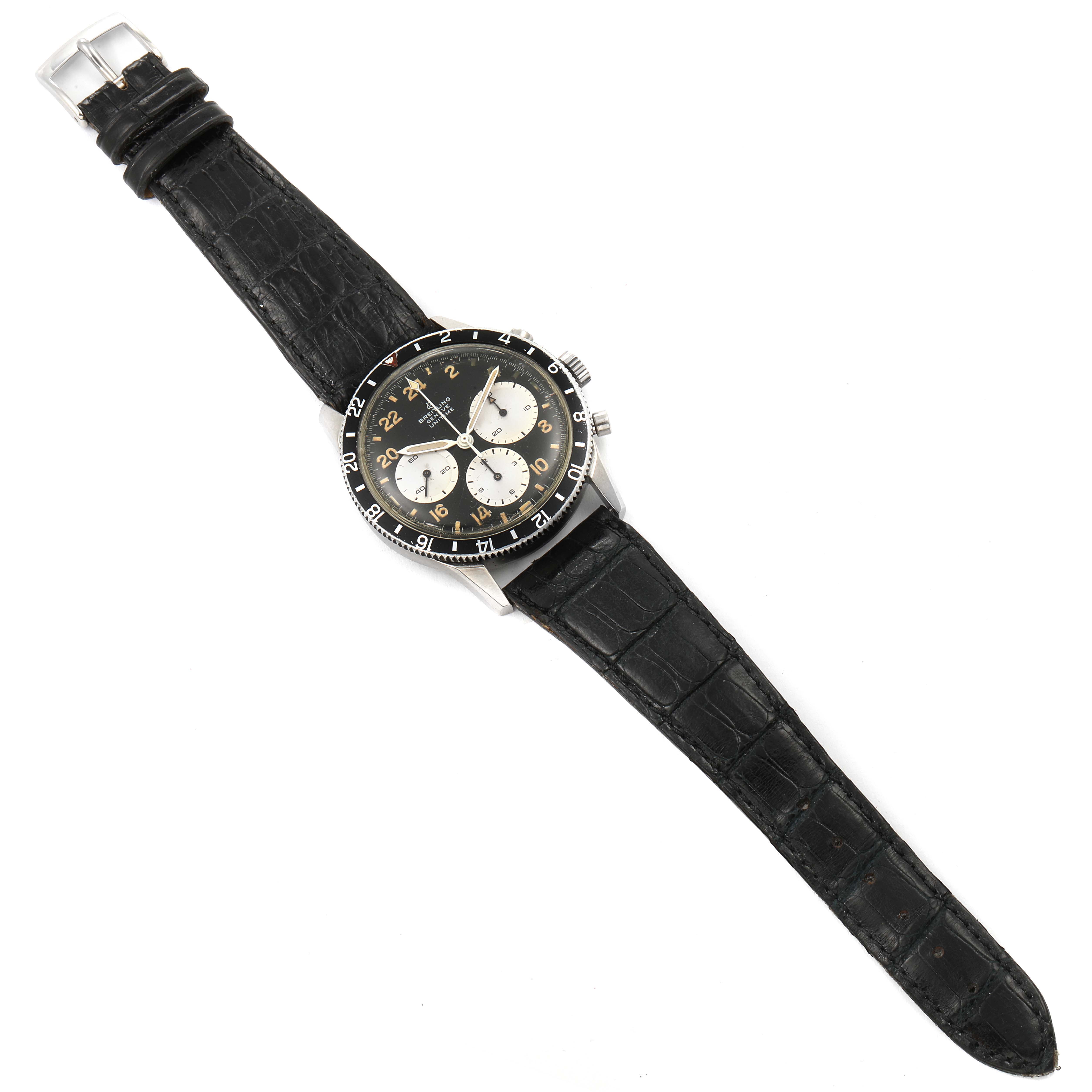 This image shows a Breitling Professional Series 1765 Men's Stainless Steel Black Dial 1765 Men's Stainless Steel Black Dial watch angled flat from the top, highlighting its black leather strap, dial, and bezel.