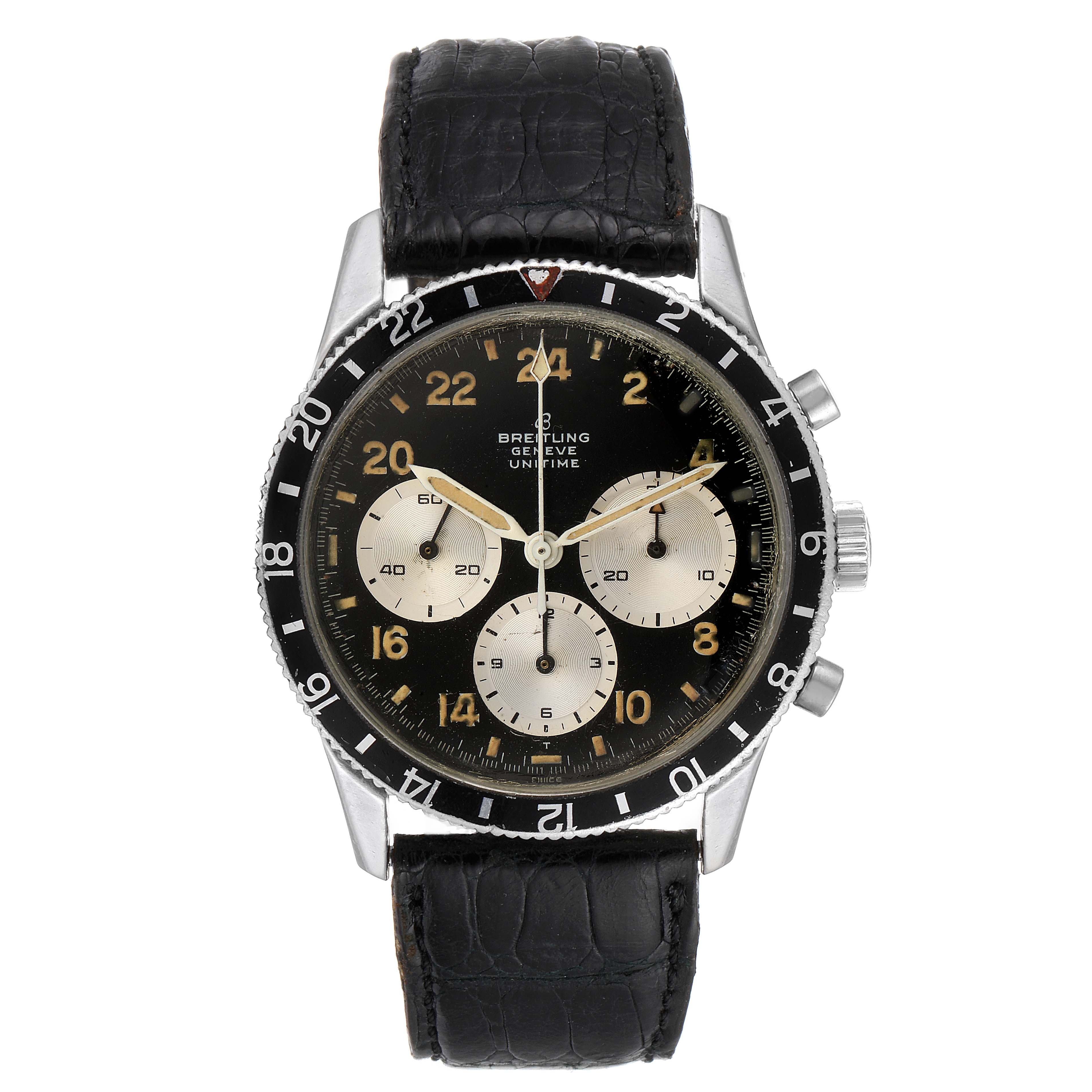 This is a front view of the Breitling Professional Series 1765 Men's Stainless Steel Black Dial 1765 Men's Stainless Steel Black Dial watch, showing its dial, bezel, and leather strap.