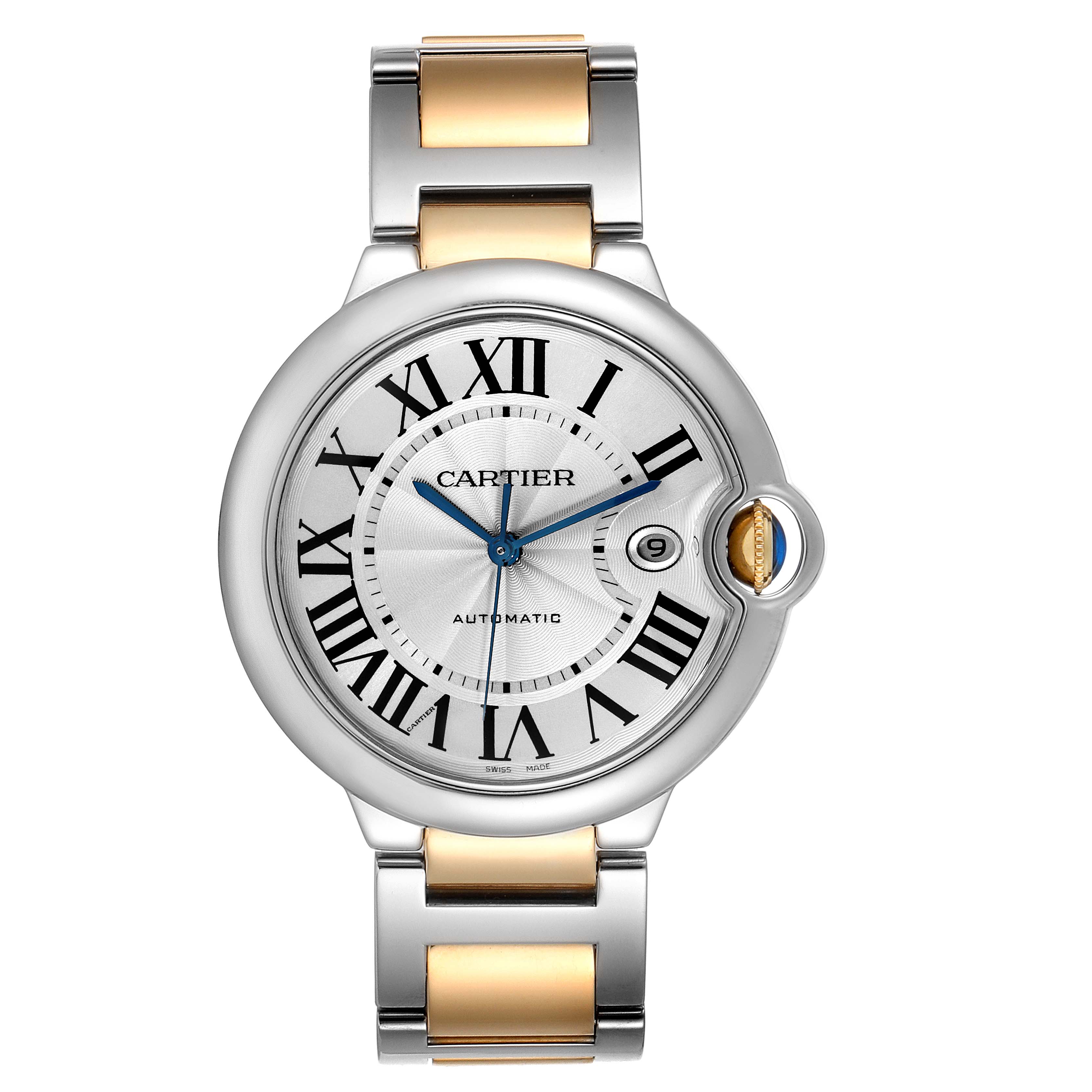 The image shows a front view of the Cartier Ballon Bleu W6900923 Men's Steel and Gold (two tone) Silver Dial W6900923 Men's Steel and Gold (two tone) Silver Dial watch, displaying the dial, hands, and part of the bracelet.