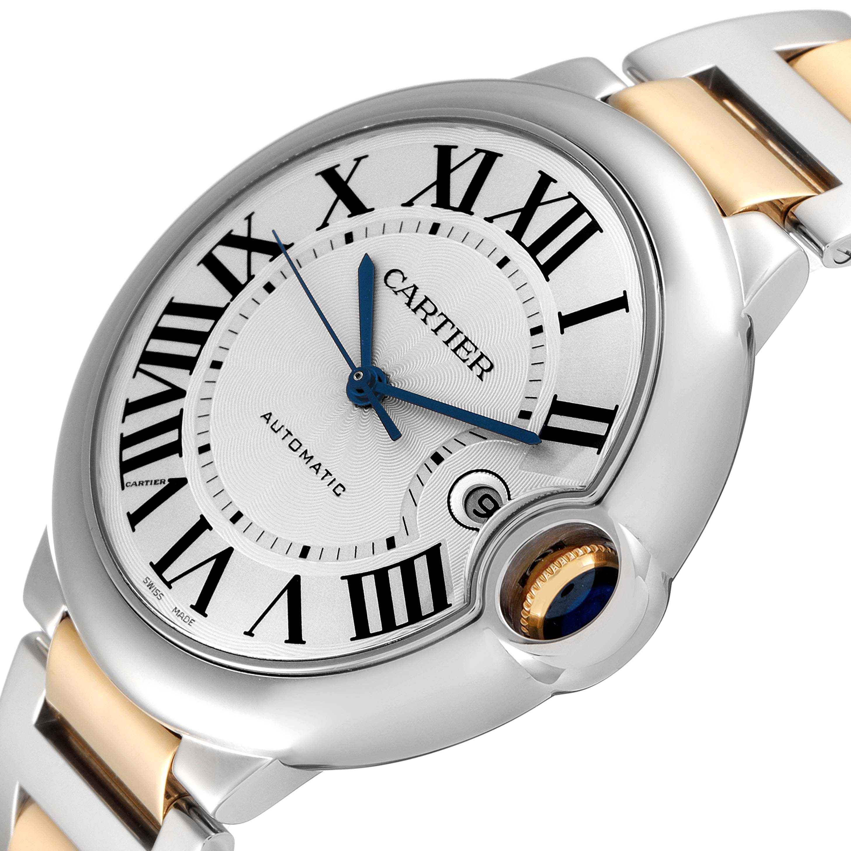 This image shows a close-up of the dial and a partial view of the bracelet of a Cartier Ballon Bleu W6900923 Men's Steel and Gold (two tone) Silver Dial W6900923 Men's Steel and Gold (two tone) Silver Dial watch.
