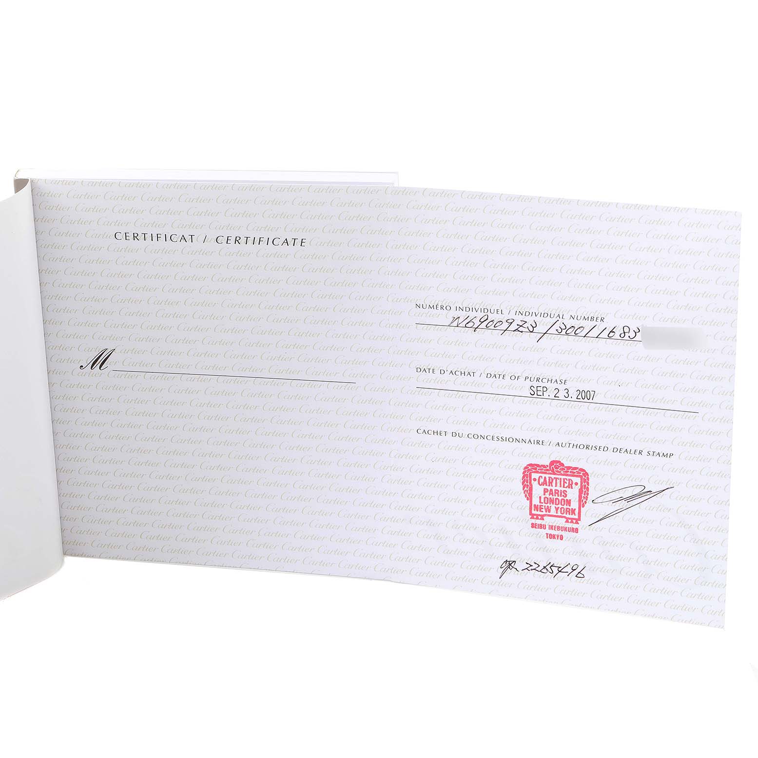 The image shows a warranty certificate for the Ballon Bleu model by Cartier.