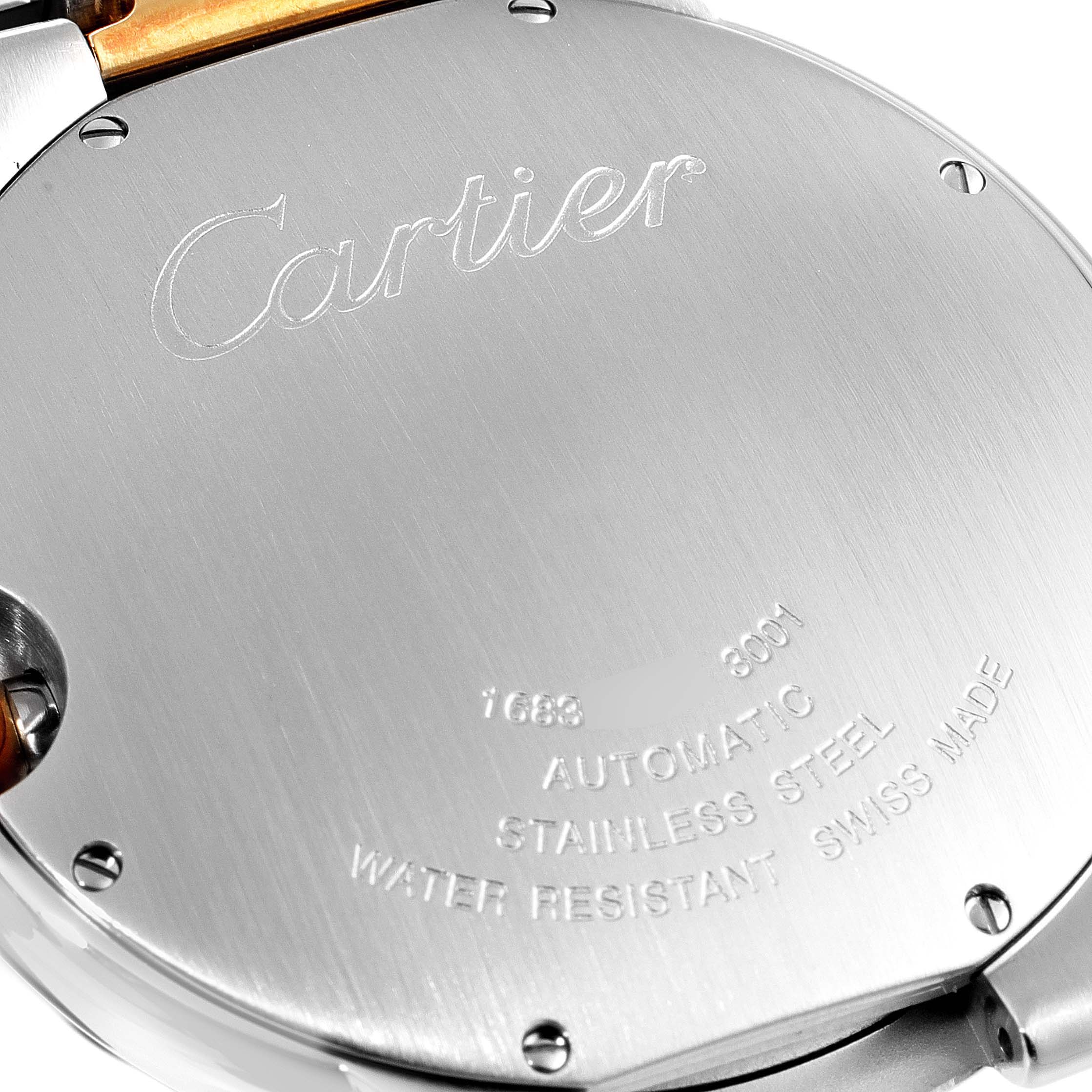 This image shows the back case of a Cartier Ballon Bleu W6900923 Men's Steel and Gold (two tone) Silver Dial W6900923 Men's Steel and Gold (two tone) Silver Dial watch, highlighting its engravings and materials.