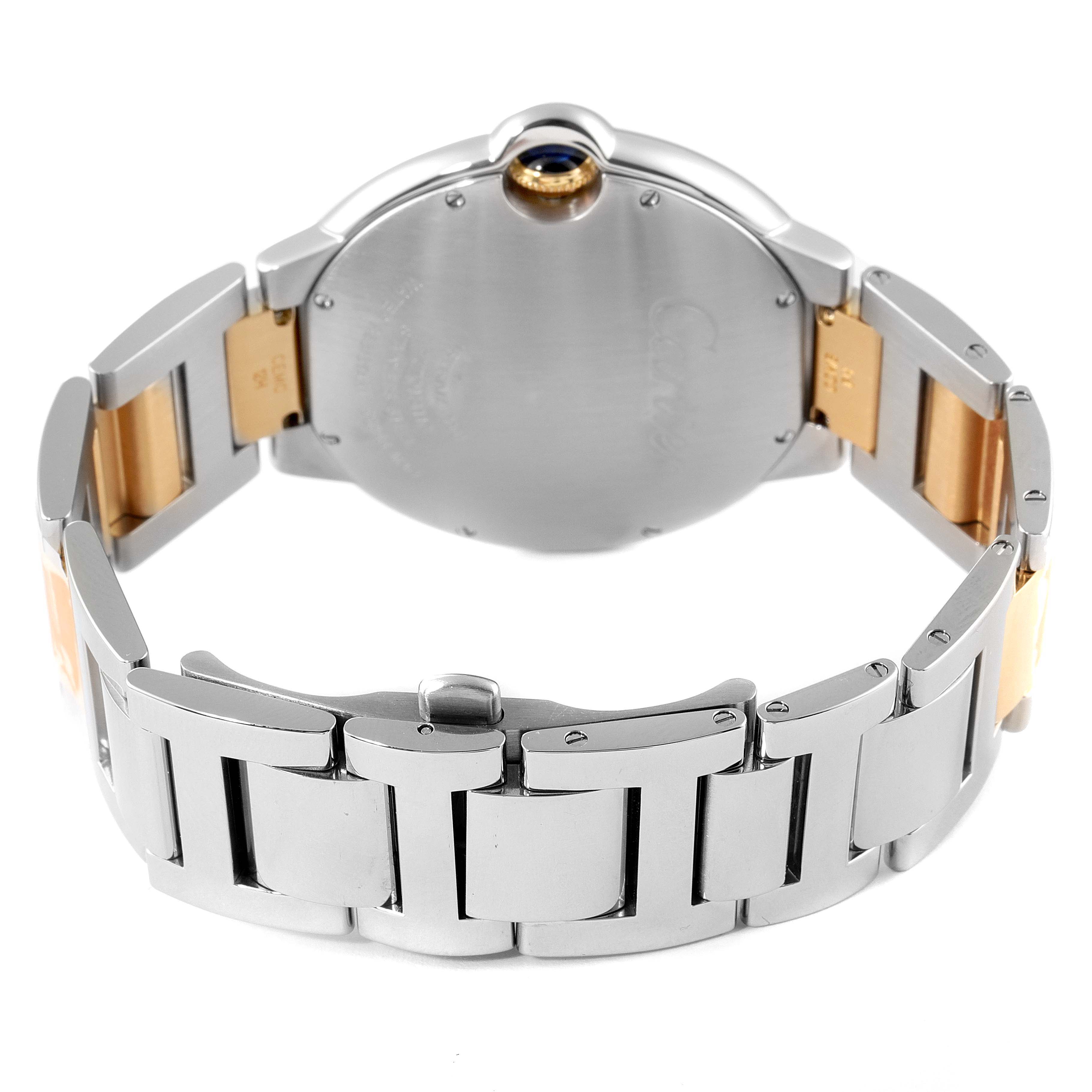 The image displays the back and bracelet of the Cartier Ballon Bleu W6900923 Men's Steel and Gold (two tone) Silver Dial W6900923 Men's Steel and Gold (two tone) Silver Dial watch, showcasing its metal links and clasp.