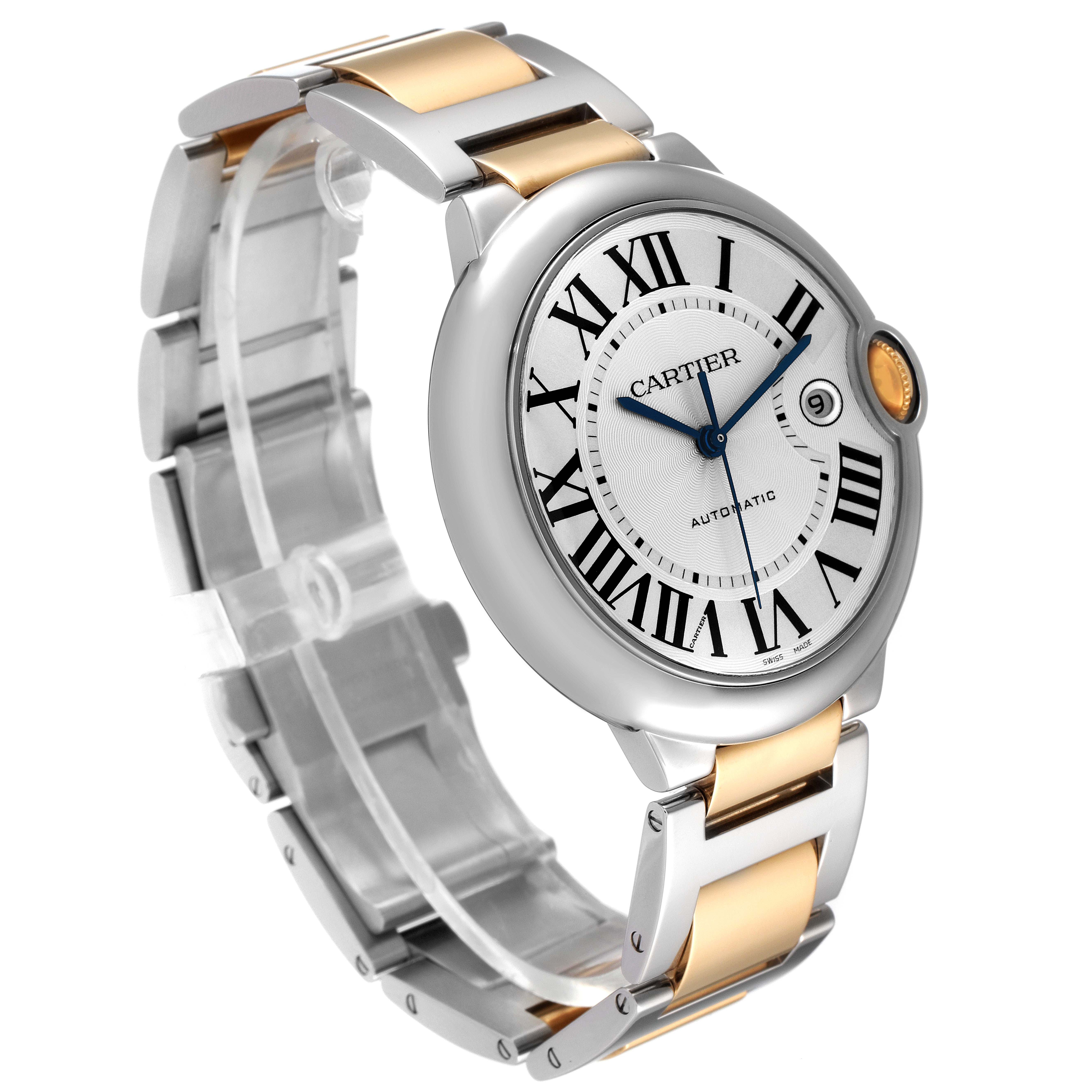 This image shows a Cartier Ballon Bleu W6900923 Men's Steel and Gold (two tone) Silver Dial W6900923 Men's Steel and Gold (two tone) Silver Dial watch angled to display the face, crown, and bracelet.