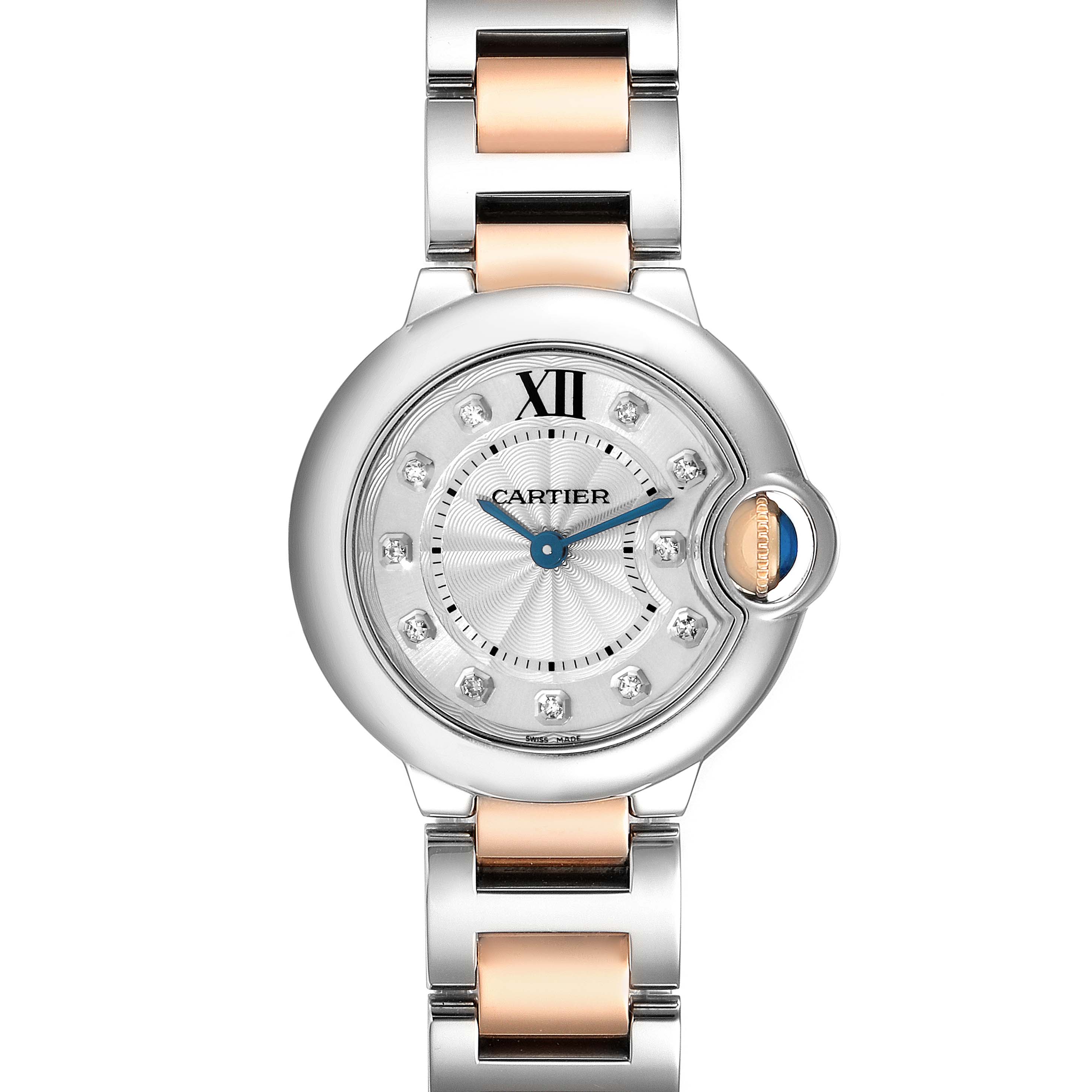 The image shows a frontal view of a Cartier Ballon Bleu WE902030 Women's Steel and Gold (two tone) Silver Dial WE902030 Women's Steel and Gold (two tone) Silver Dial watch, highlighting its dial, hands, and part of the bracelet.