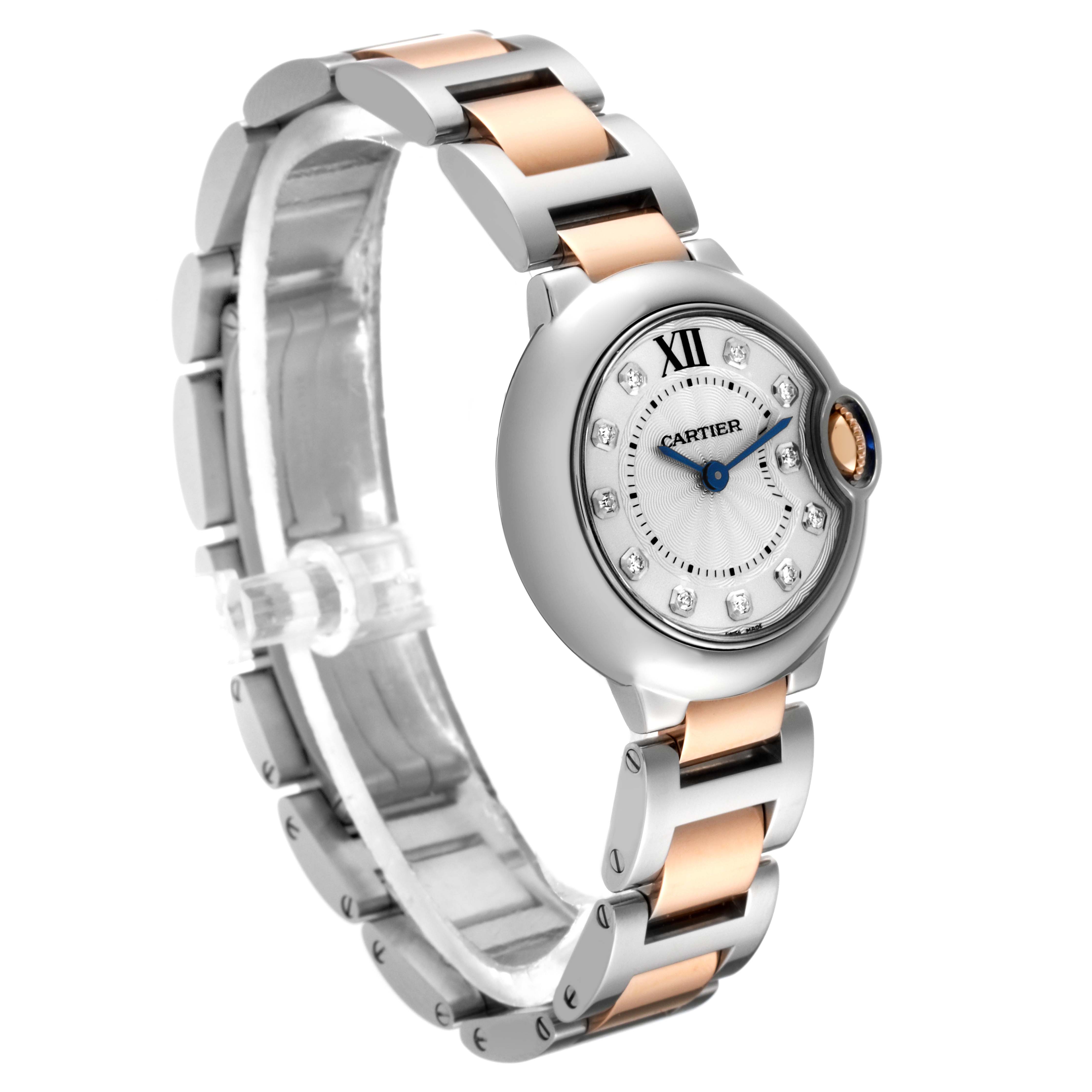 This image shows a side angle of the Cartier Ballon Bleu WE902030 Women's Steel and Gold (two tone) Silver Dial WE902030 Women's Steel and Gold (two tone) Silver Dial watch, highlighting its face, dial, and bracelet.