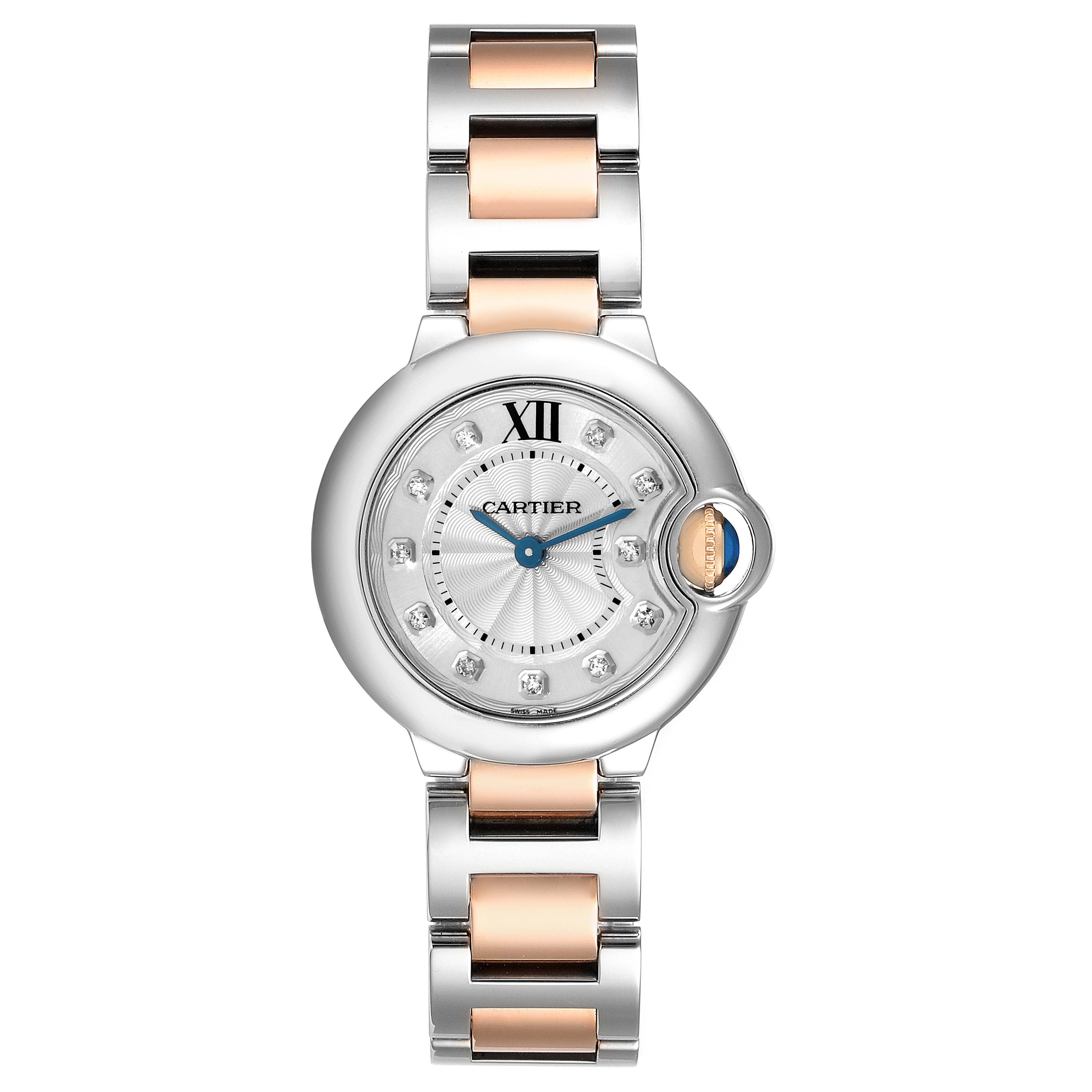 This image shows a Ballon Bleu model by Cartier from a front angle, displaying its face and two-tone metal bracelet.