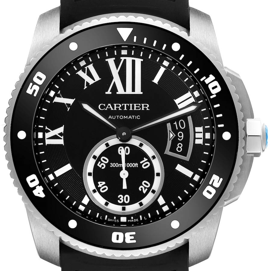 Cartier Calibre Diver Black Dial Steel Mens Watch W7100056 Box Papers SwissWatchExpo