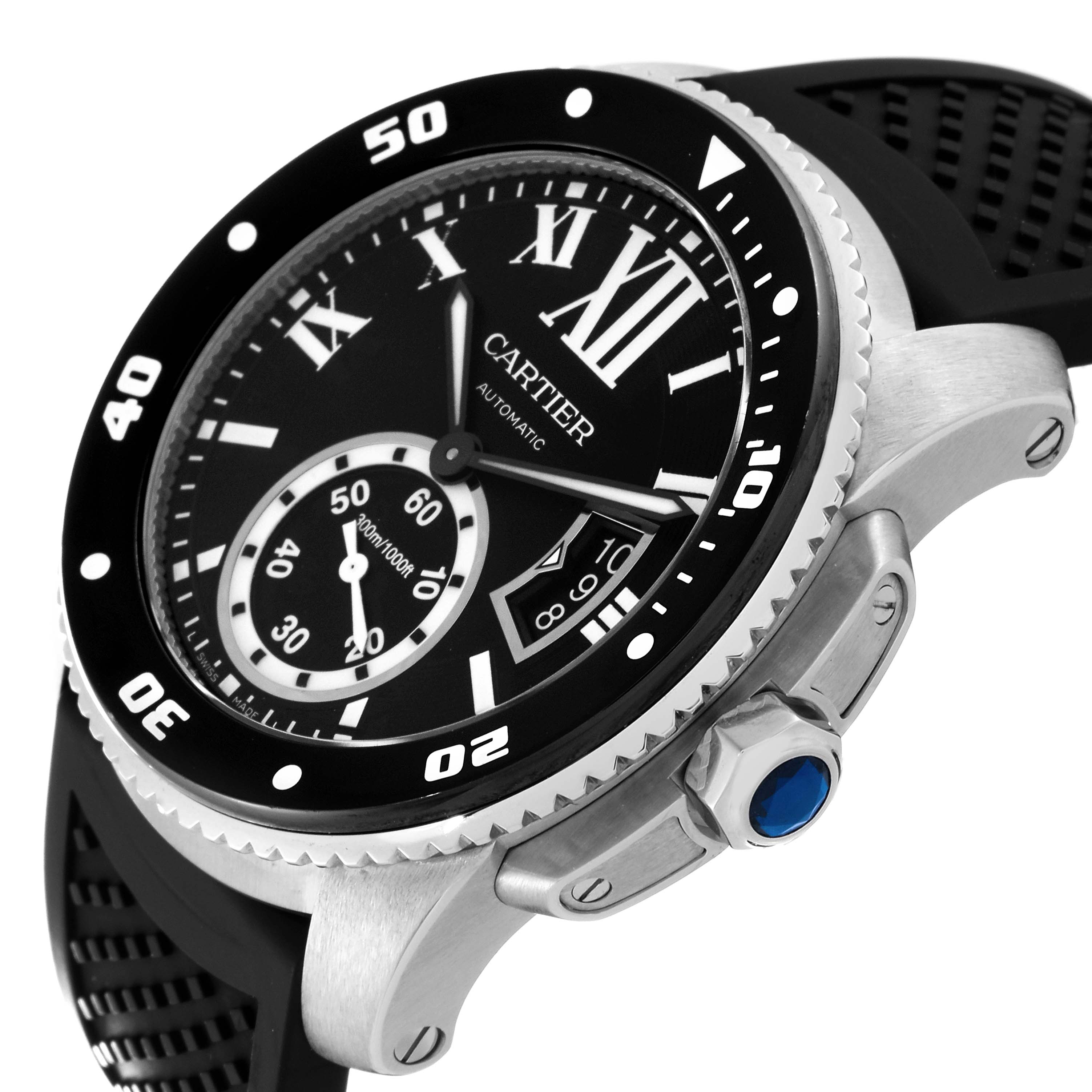 This image shows a side angle view of the Calibre de Cartier watch by Cartier, highlighting the bezel, dial, and crown.