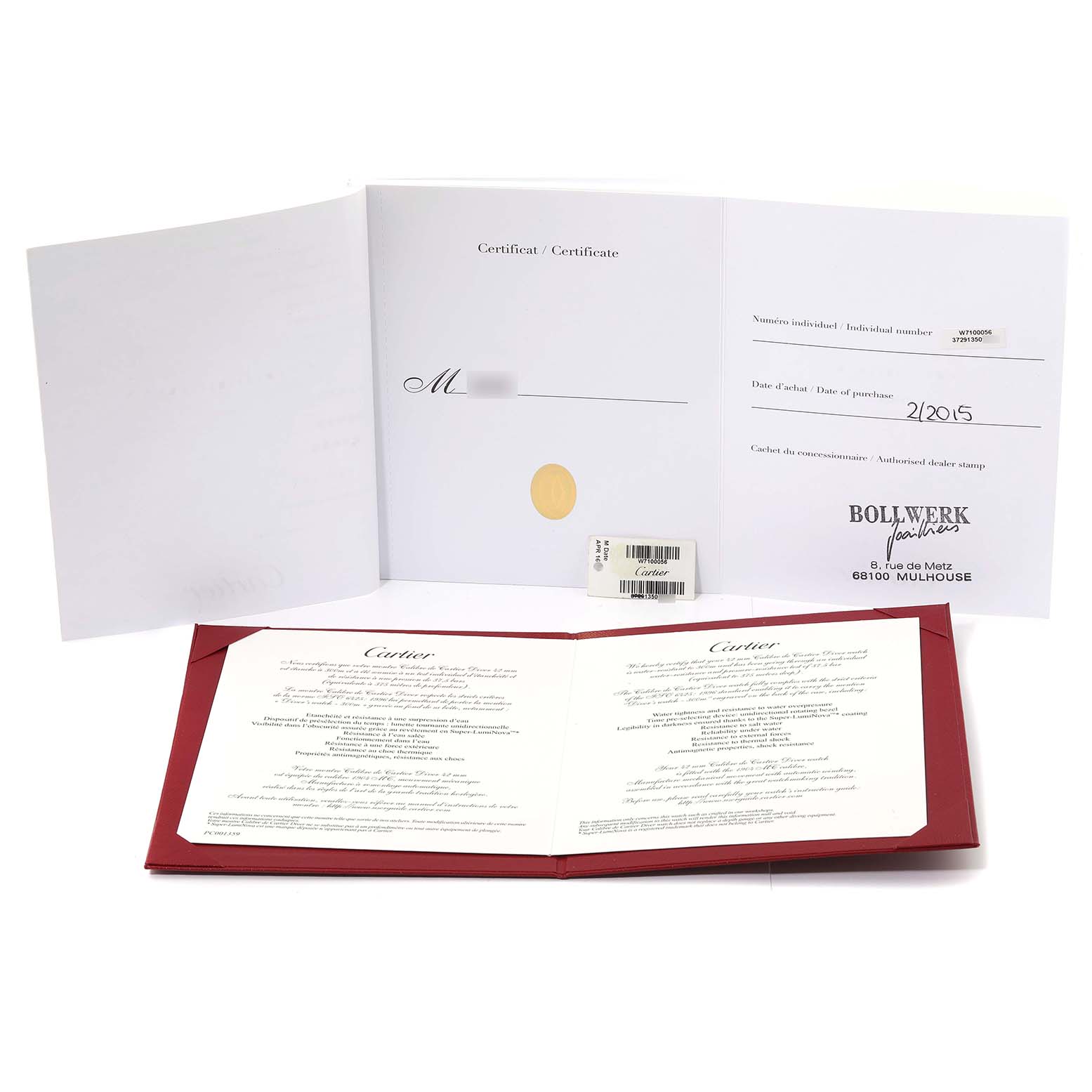 The image shows the certificate and documentation for the Calibre de Cartier model by Cartier.
