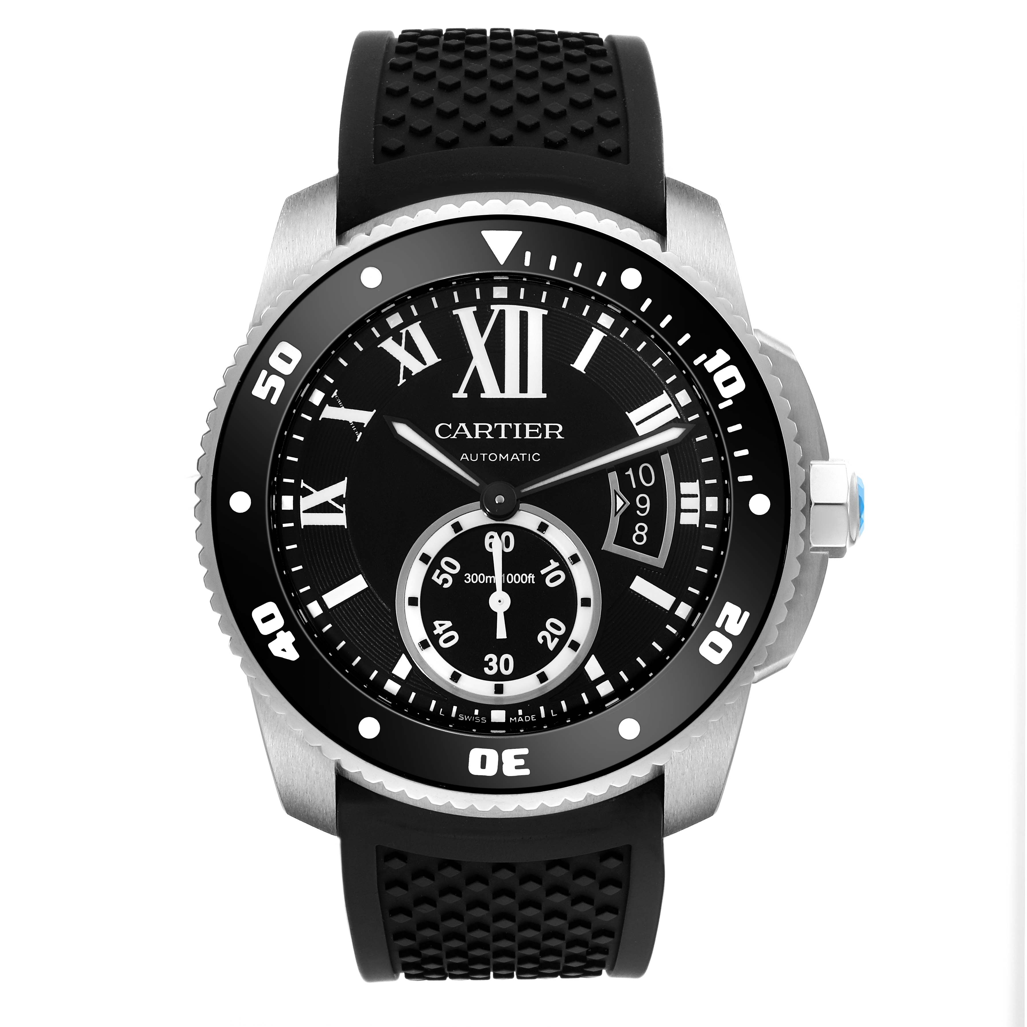 This image shows a front view of the Calibre de Cartier model by Cartier, featuring the dial, bezel, and strap.