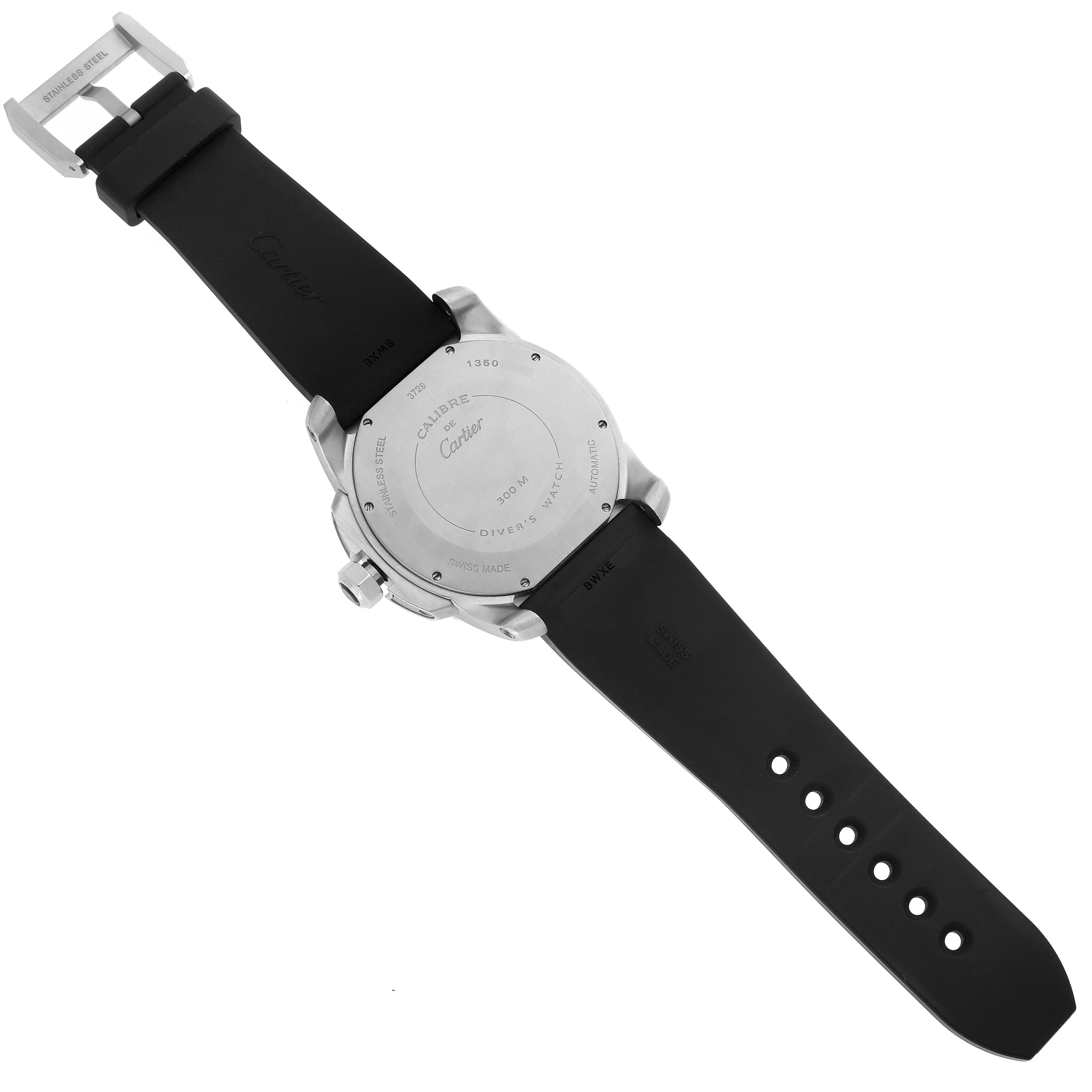 The image shows the back view of a Calibre de Cartier watch by Cartier, highlighting the case back, strap, and buckle.