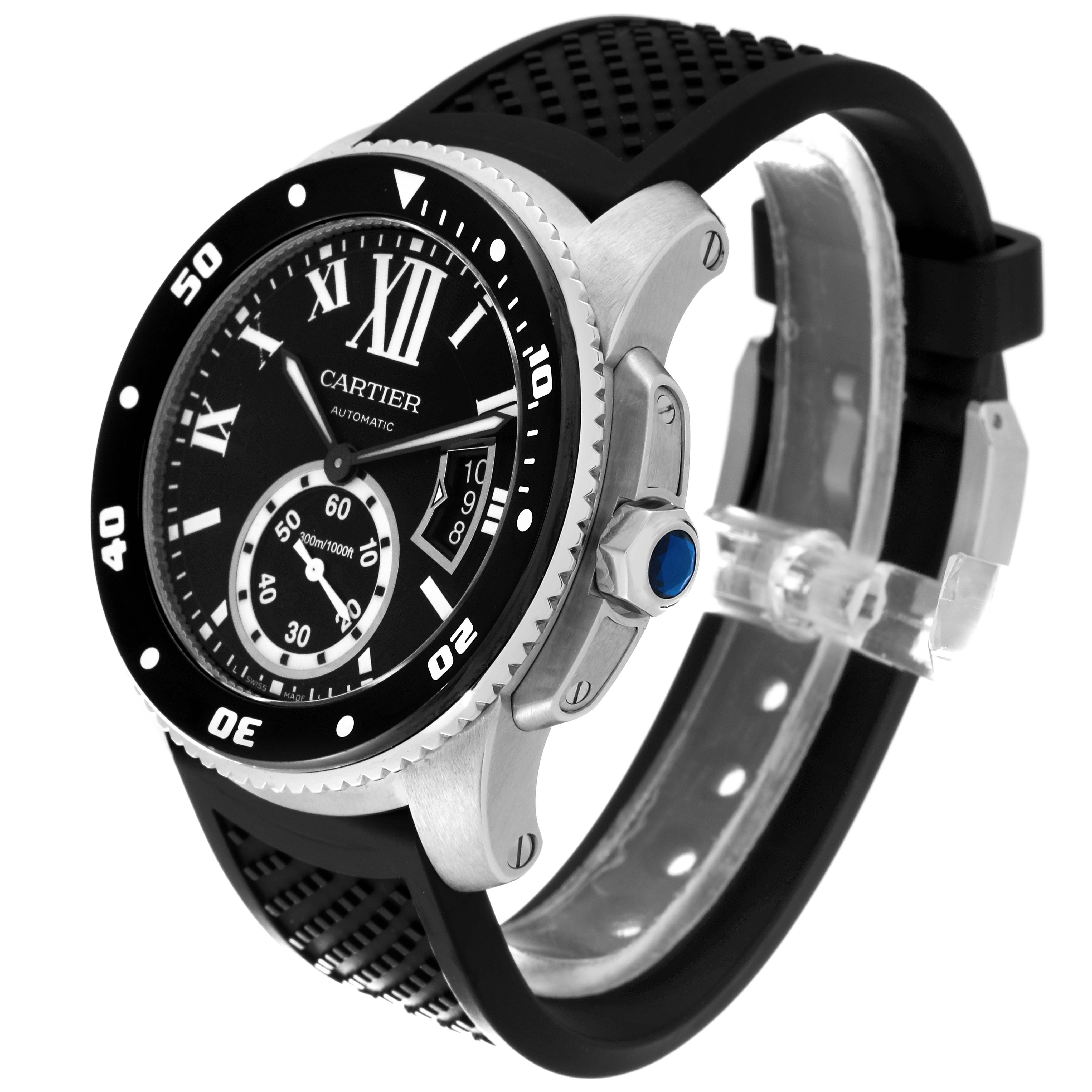 The image shows a side view of the Calibre de Cartier watch by Cartier, displaying the face, bezel, and black rubber strap.