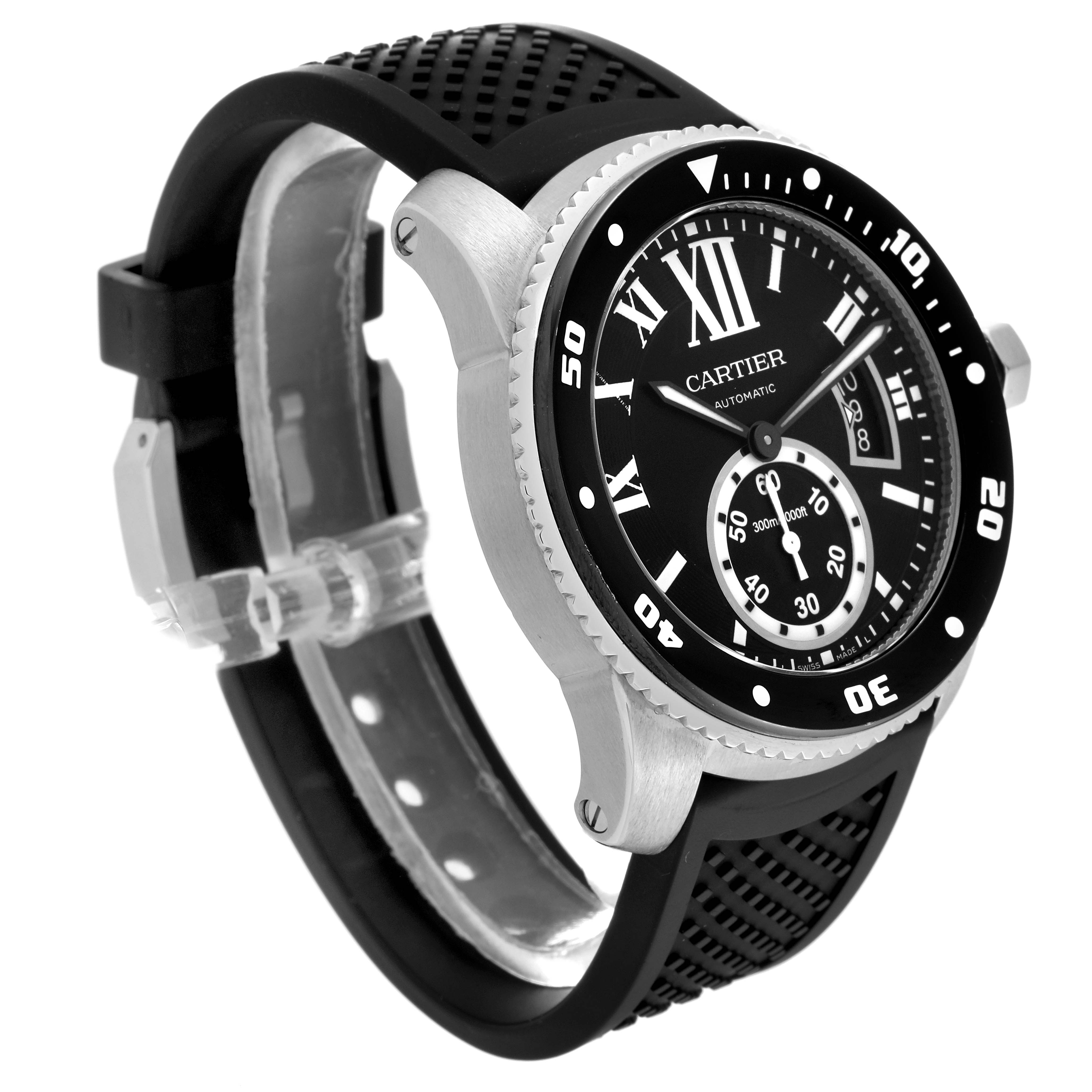 The Calibre de Cartier watch by Cartier is shown from a slight side angle, highlighting the dial, bezel, and rubber strap.