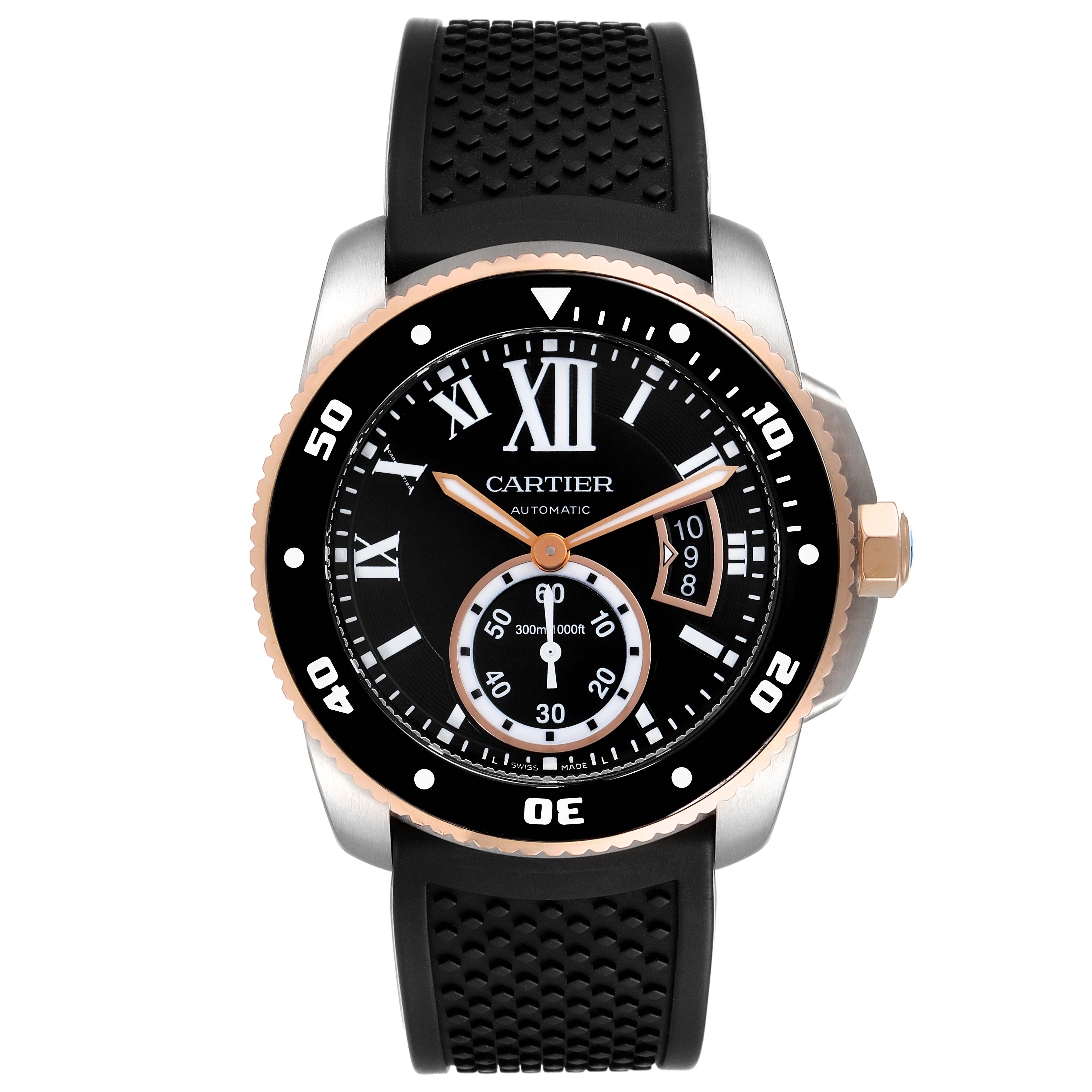 This image showcases a front view of the Calibre de Cartier watch by Cartier, featuring a black dial and a rubber strap.