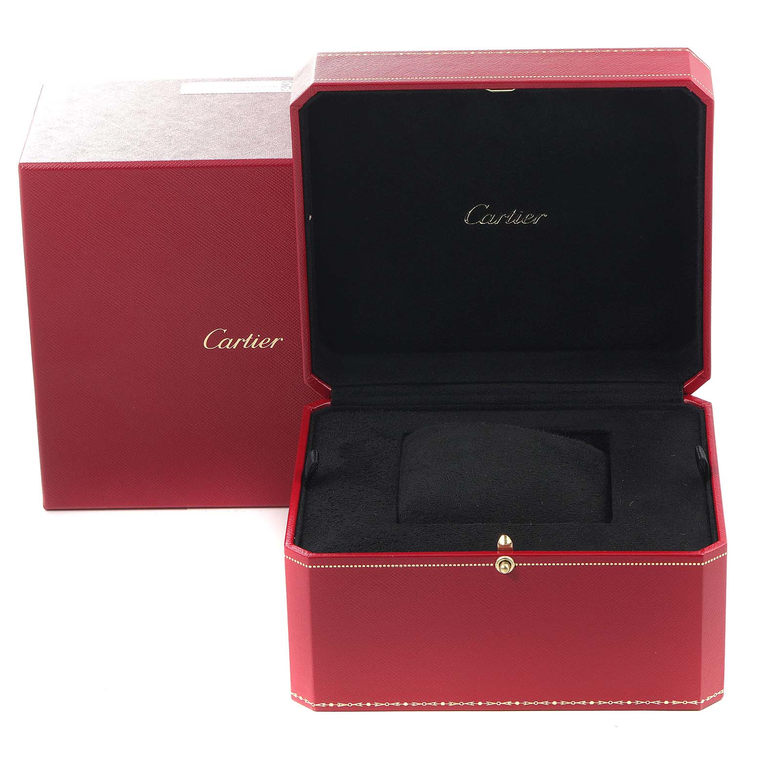 The image shows a Cartier watch box for the Calibre de Cartier model, open and empty, with the outer cardboard box beside it.