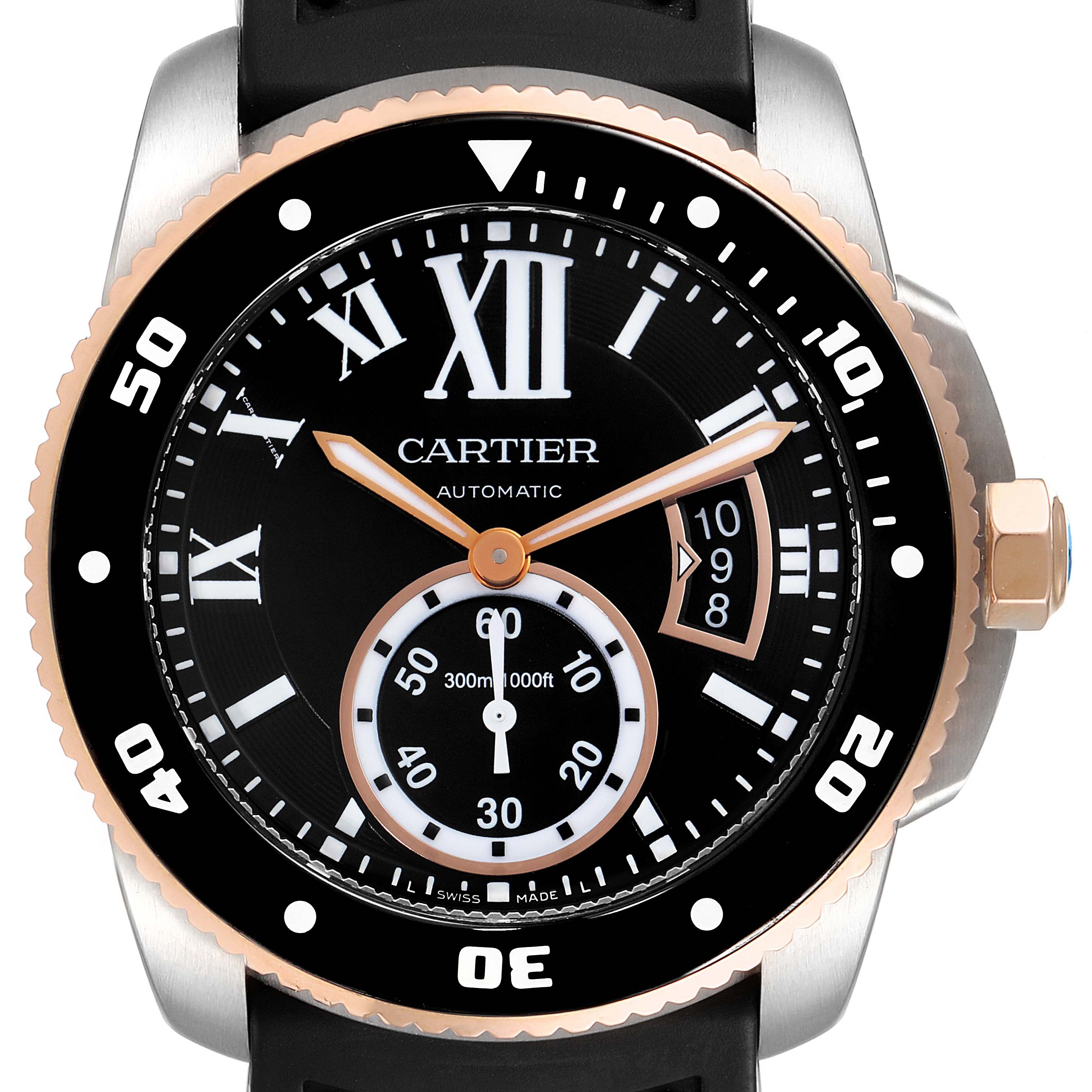 This is a front view of a Calibre de Cartier watch by Cartier, showing its black dial, Roman numerals, and rotating bezel.