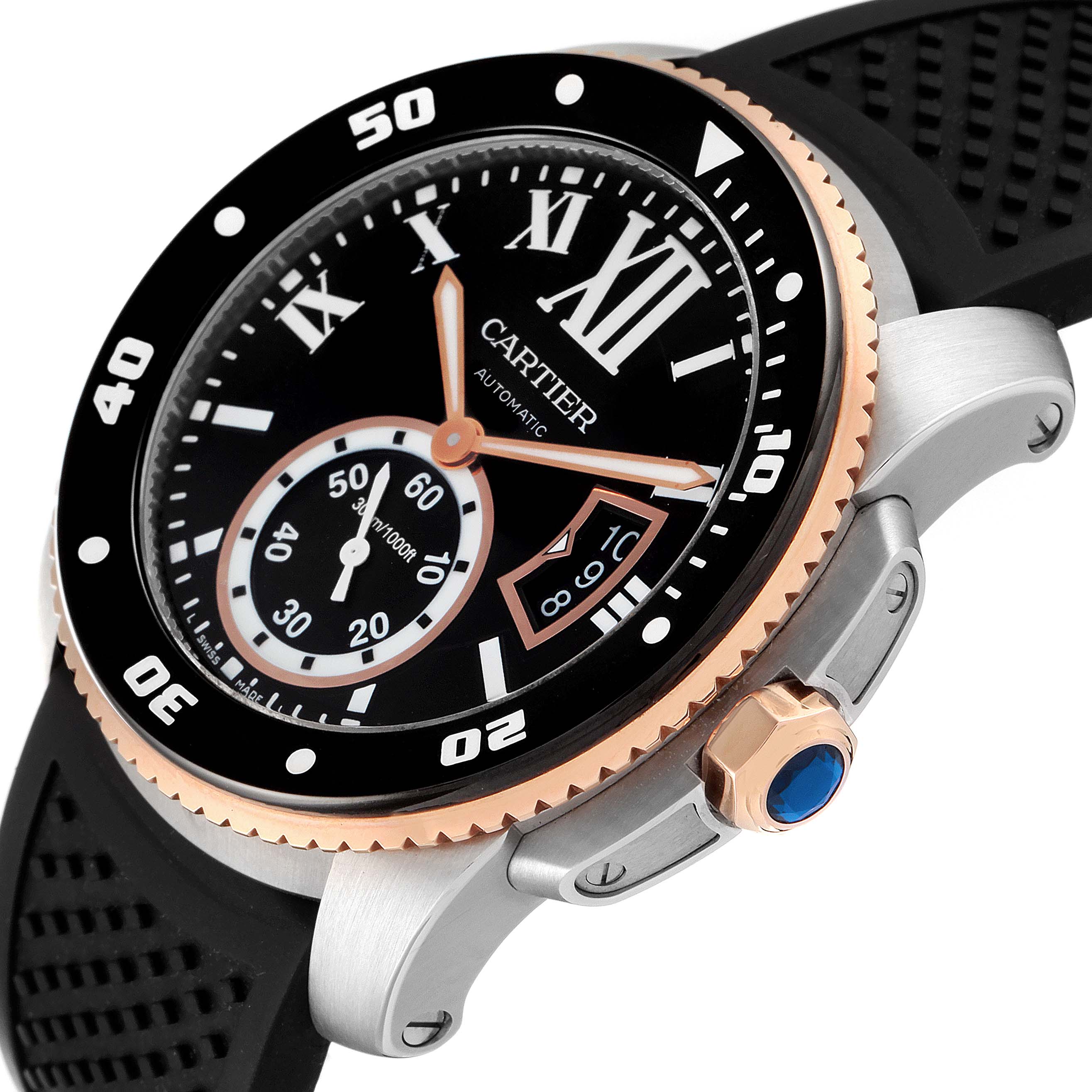 The image shows a close-up view of a Calibre de Cartier watch by Cartier, showcasing its bezel, dial, crown, and strap.