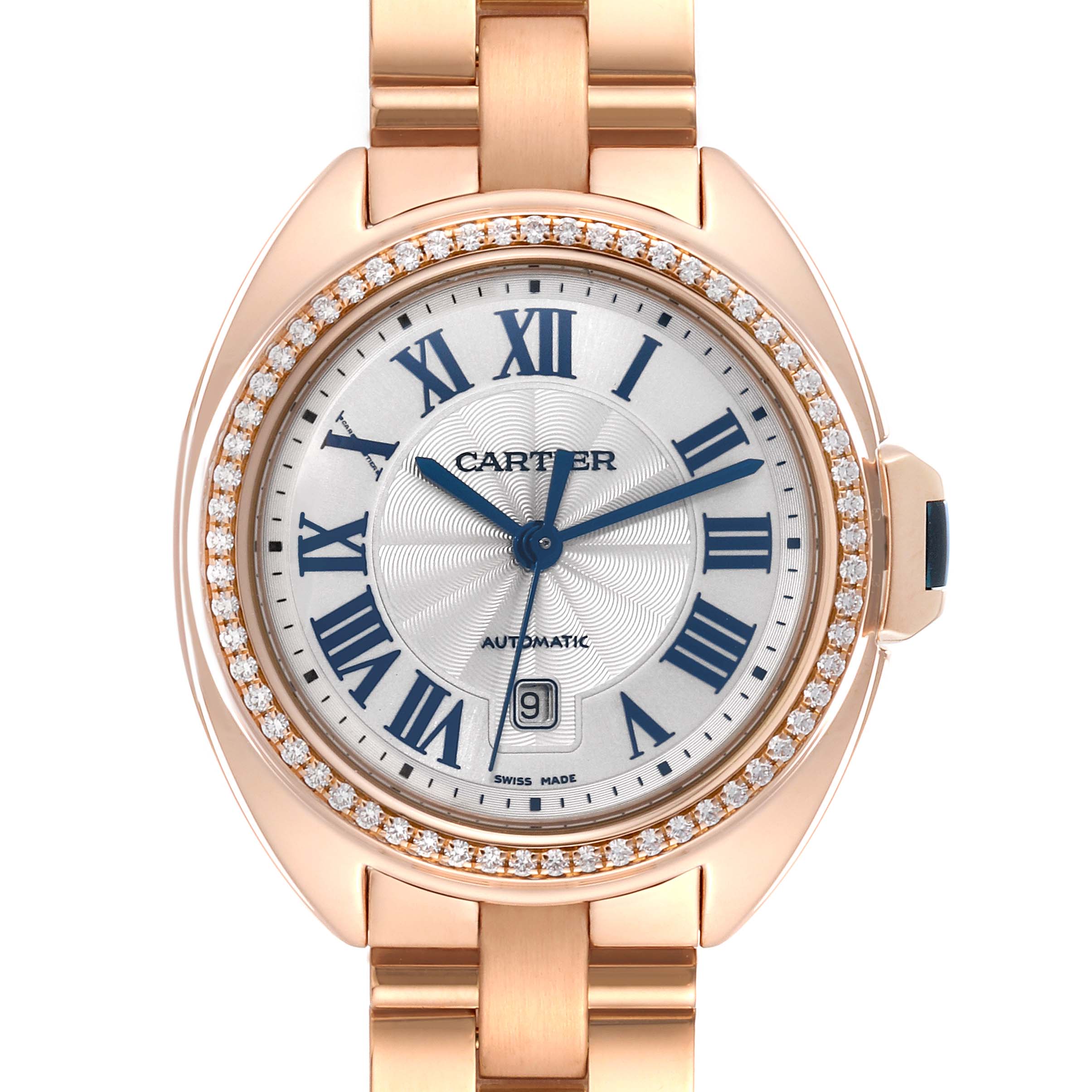 This image shows a front view of a Cartier Clé watch, highlighting its dial, bezel, and part of the bracelet.